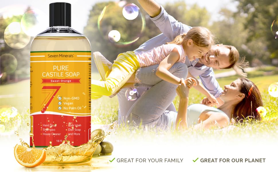 Seven Minerals Pure Castile Soap, Sweet Orange 16oz - No Palm Oil, GMO-Free, Vegan - Gentle Liquid Soap for Sensitive Skin & Baby Wash - All Natural with Organic Oils - Perfect for Face, Body, Hair & Household Cleaning