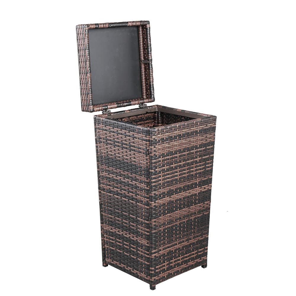 27 Gallon Outdoor Rattan Trash Can with Lid - Waterproof Patio Garden Waste Bin, Iron Frame Brown Gradient Design | Perfect for Backyard, Deck & Poolside Use