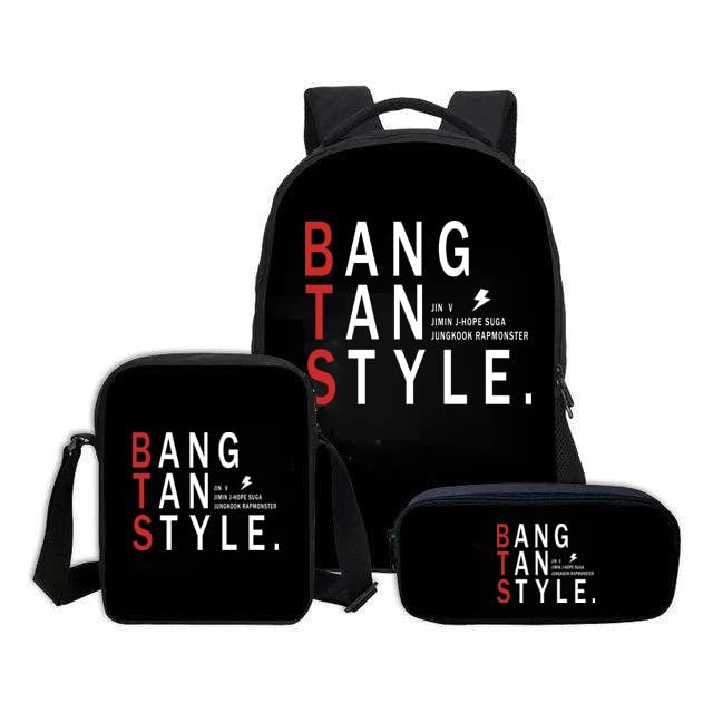 BTS Themed Casual Backpack for School, College & Office - 3-Size Combo with Lunch & Pencil Pouch (Black) | Perfect for Students, Work & Travel | BAGPACKMAXALL15