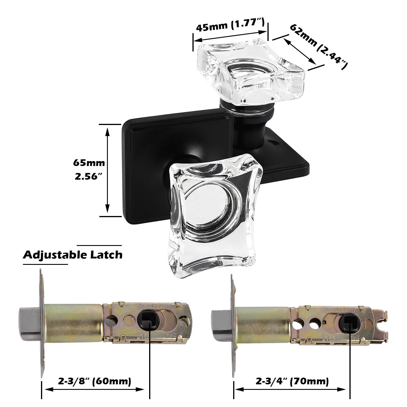 Gobrico 2 Pack Matte Black Crystal Passage Doorknobs with Square Rosette - Diamond Glass Door Handles for Interior Hallway, Closet & Pantry Doors - Perfect for Home, Office & Commercial Spaces