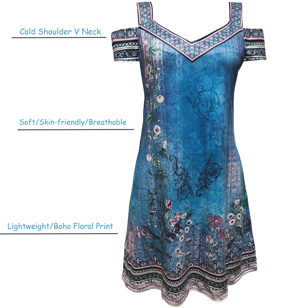 Trendy 2025 Women's Summer Casual Cold Shoulder Boho Dress - Floral Ethnic Tribal Marble Print V-Neck Mini Dress for Beach Vacation, Music Festival & Date Night