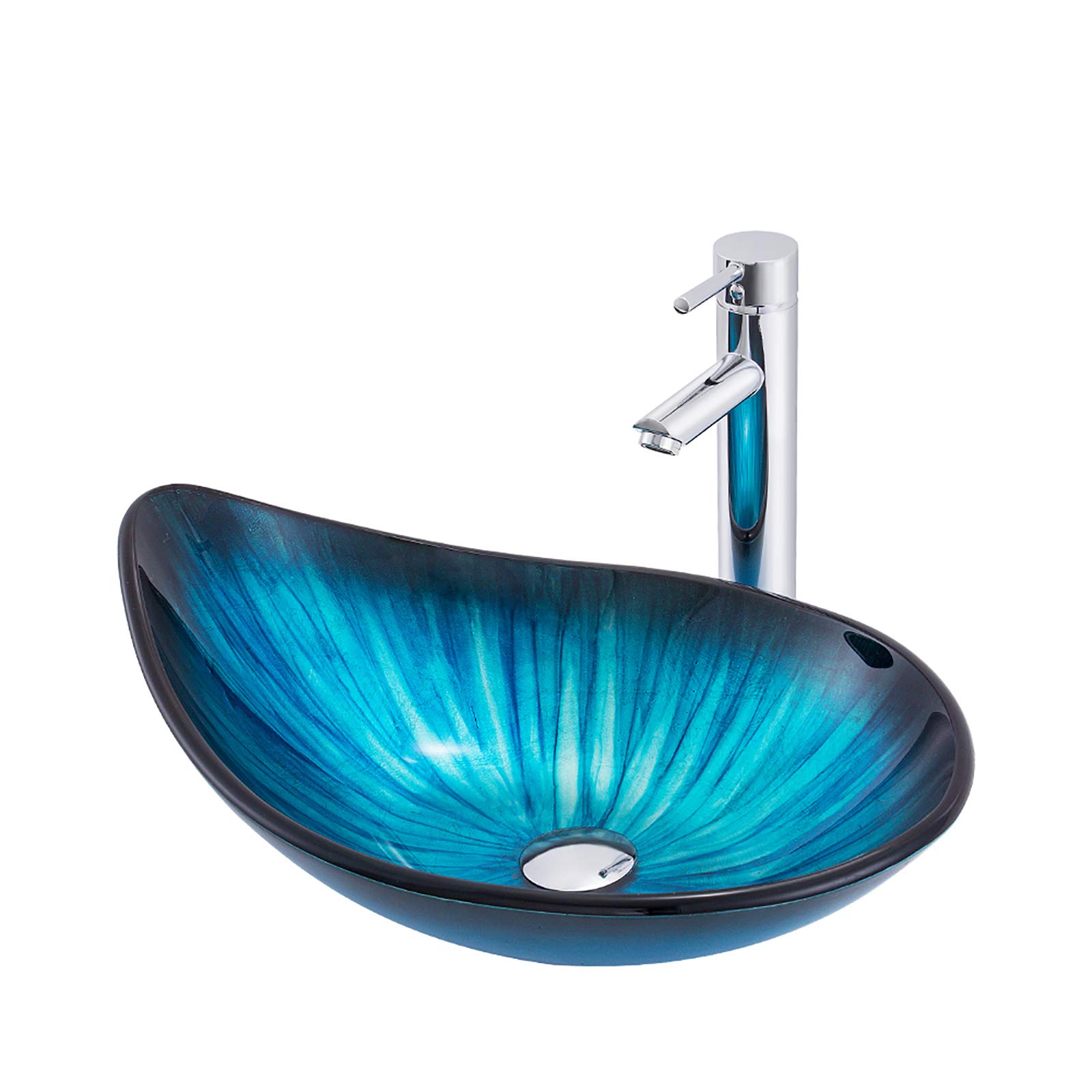 Blue Tempered Glass Water Drop Vessel Sink for Bathroom - Above Counter Modern Art Sink with Faucet and Drain Combo - Perfect for Contemporary Home Decor and Spa-Style Vanities