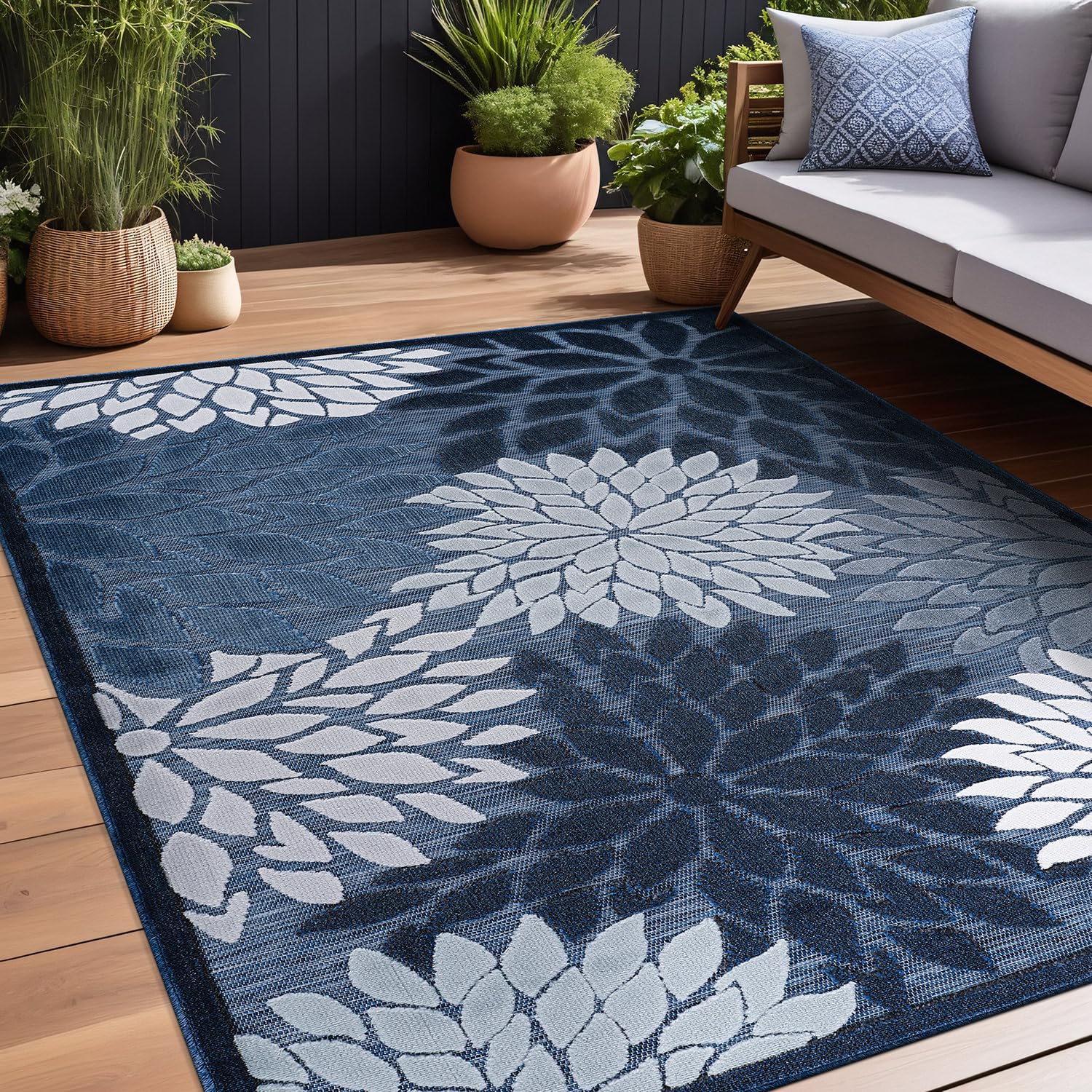 Beverly Rug 8x10 Modern Floral Tropical Indoor Outdoor Area Rug - Non-Shedding, Washable, Easy Clean - Navy Blue - Perfect for Patio, Living Room, Porch & Garden Decor