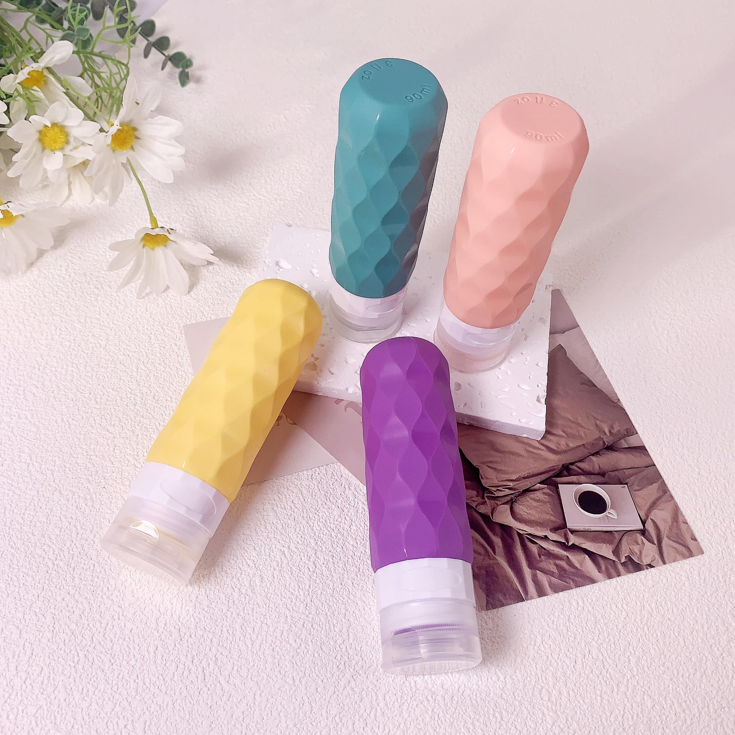 4-Pack 3oz TSA Approved Leak-Proof Silicone Travel Bottles for Shampoo, Lotion & Toiletries - Portable Squeeze Containers for Airplane, Gym & Vacation Essentials