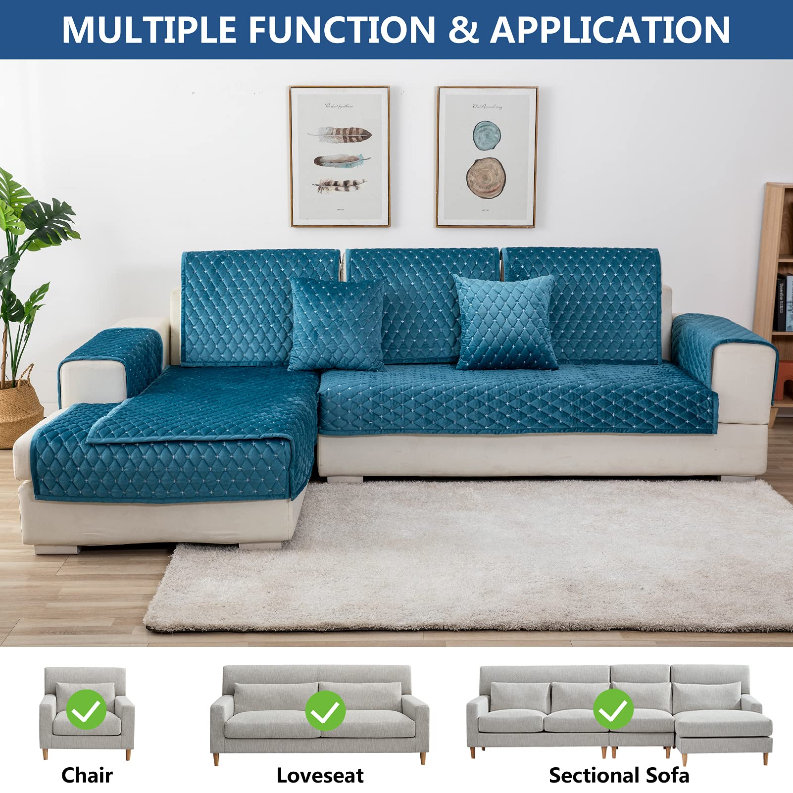Premium Eismodra Sofa Cover for 3-Cushion Sectional - Non-Slip Couch Protector for Pets & Kids - Blue Stretchable Furniture Slipcover 43
