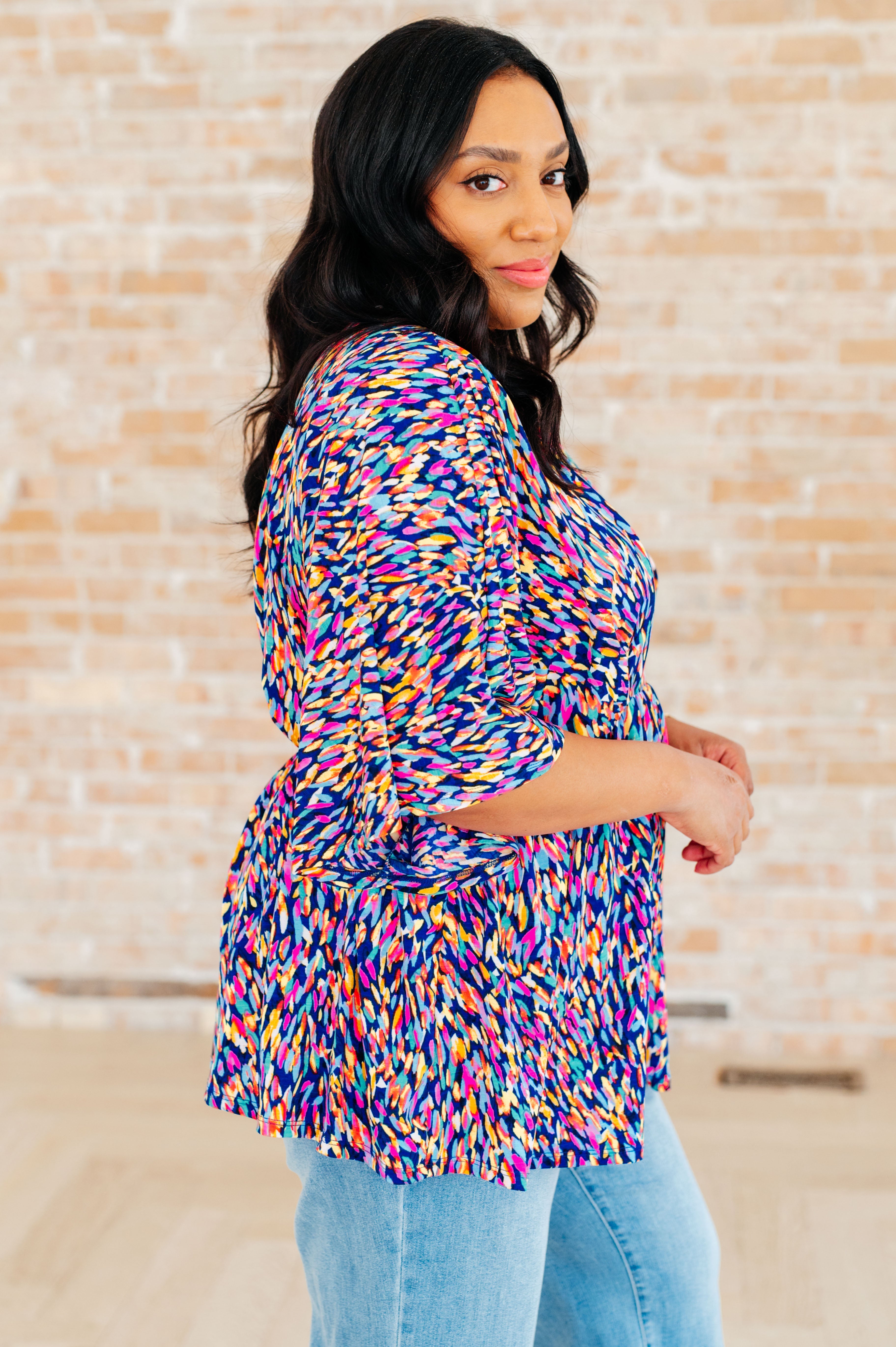 Dreamer Peplum Top in Painted Royal Multi - Flowy Women's Blouse for Casual Wear, Office & Date Night Outfits