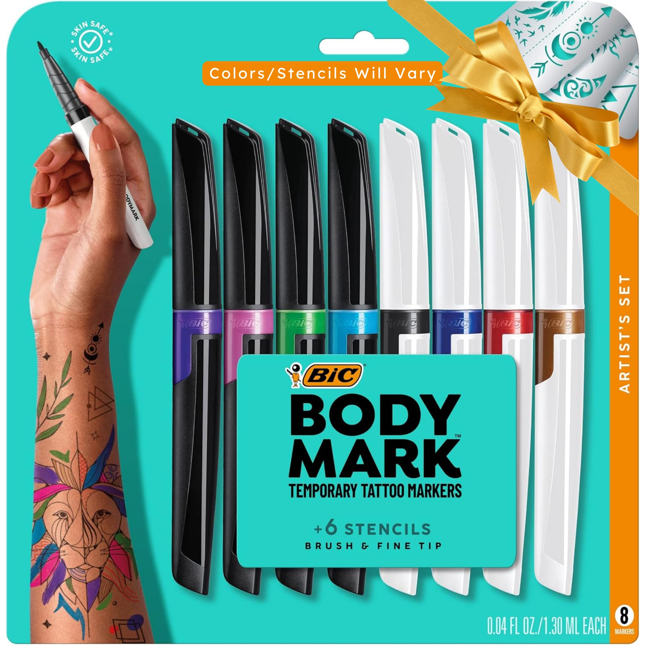 BIC BodyMark Temporary Tattoo Markers for Skin - 6 Pack (48 Count) | Skin-Safe, Cosmetic Quality, Flexible Brush Tip | Assorted Colors for DIY Body Art, Face Painting & Costume Design | Perfect for Parties, Halloween & Creative Expression