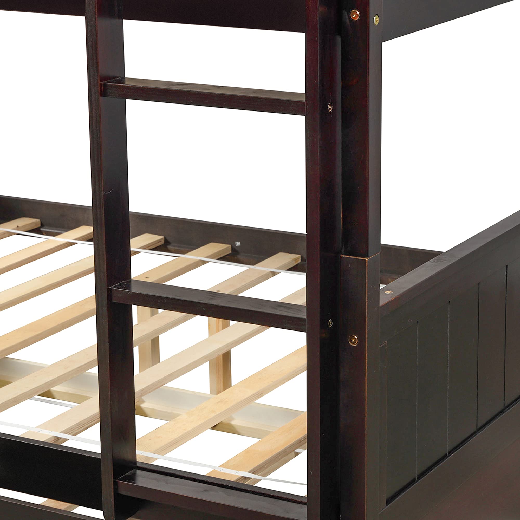 P PURLOVE Full Over Full Bunk Bed with Twin Trundle - Solid Wood Bunk Bed Frame with Safety Rail & Ladder - Space Saving Bunk Beds for Kids, Teens & Guest Rooms - No Box Spring Needed (Espresso Finish) - Perfect for Small Bedrooms, Dorms & Vacation Homes