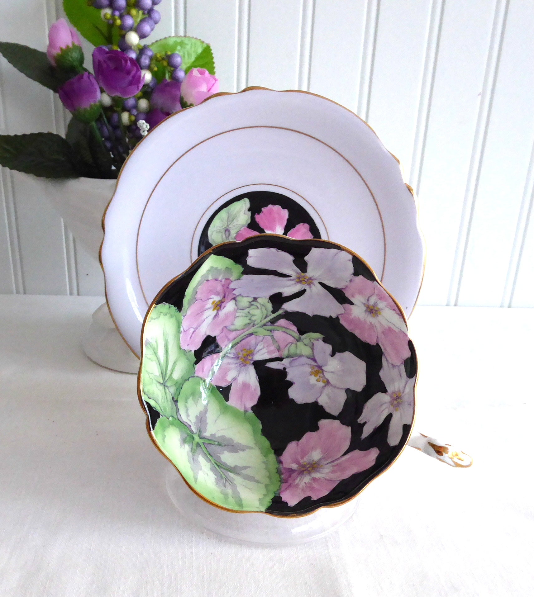 Vintage 1920s Hand Painted Geraniums Paragon Cup and Saucer Set - Gorgeous Lavender Black Floral Tea Cup - Perfect for Afternoon Tea, Collectibles, and Vintage Home Decor