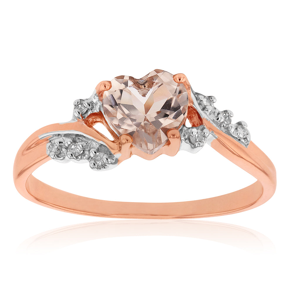 9ct Rose Gold Morganite and Diamond Heart Ring for Women - Elegant Valentine's Day Gift, Anniversary Jewelry, Romantic Proposal Ring - Perfect for Weddings, Date Nights & Special Occasions