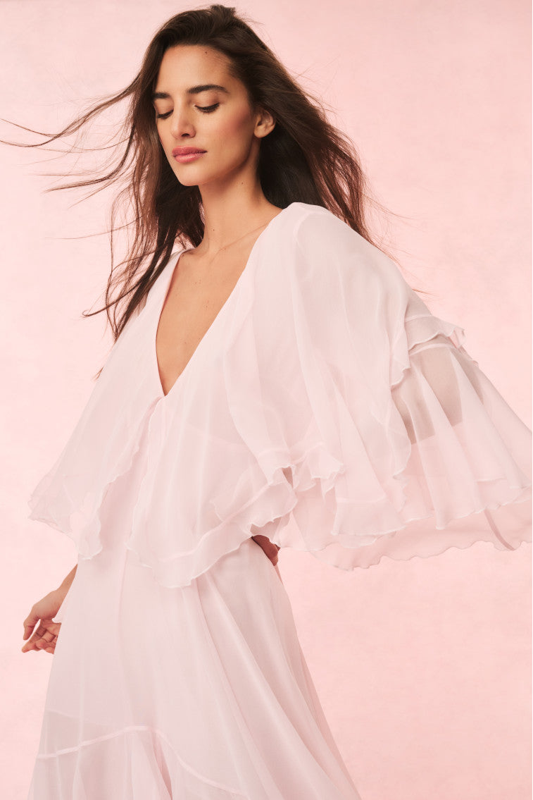 Collia Silk Maxi Dress for Women - Elegant Long Sleeve Flowy Evening Gown in Pale Pink | Perfect for Weddings, Parties & Special Occasions