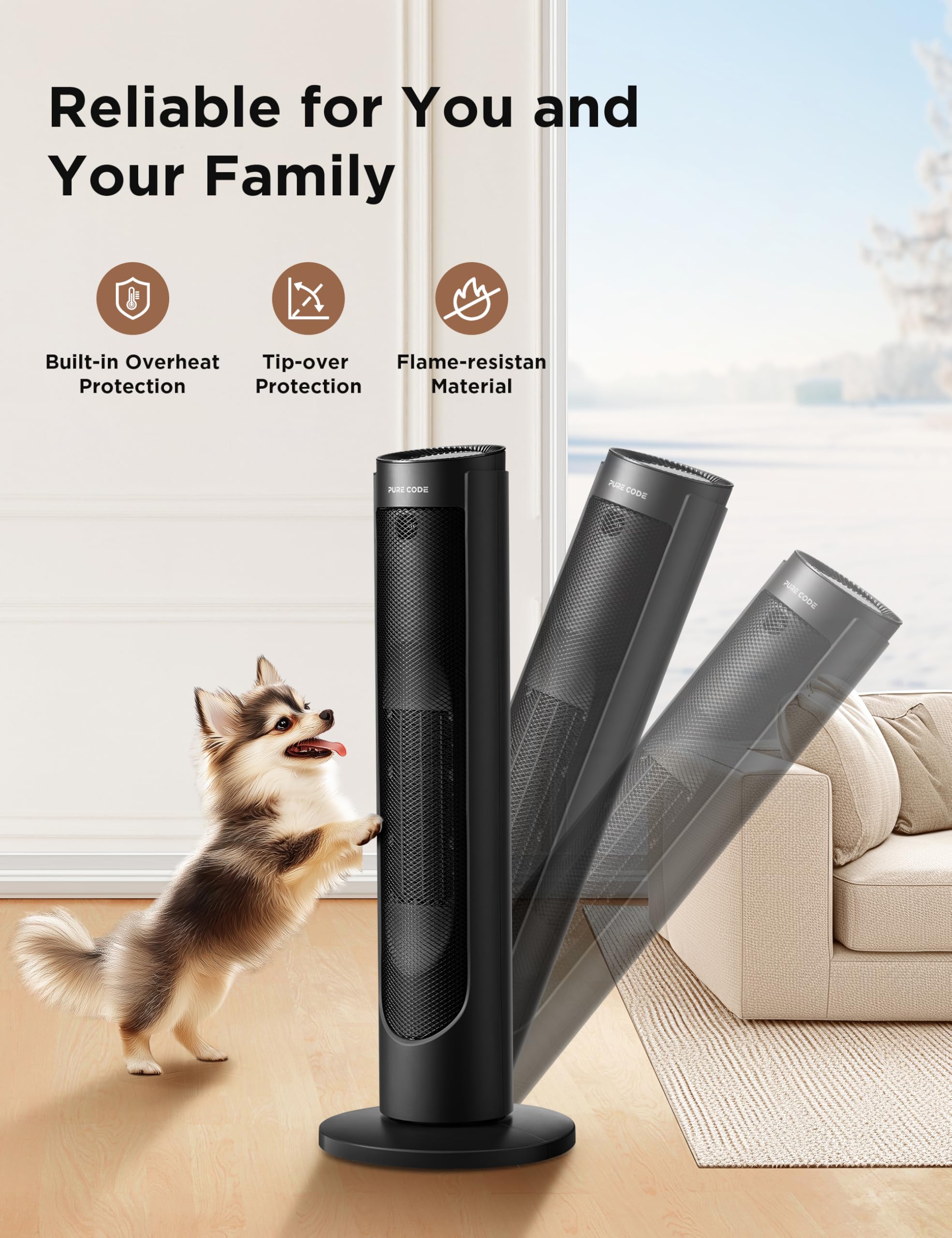 PURE CODE Space Heater - 1500W Portable Electric Heater with Voice & Remote Control, PTC Ceramic Fast Heating, 3 Modes & 12H Timer, Overheat & Tip-Over Protection for Indoor Use - Perfect for Office, Bedroom, Home & Small Spaces
