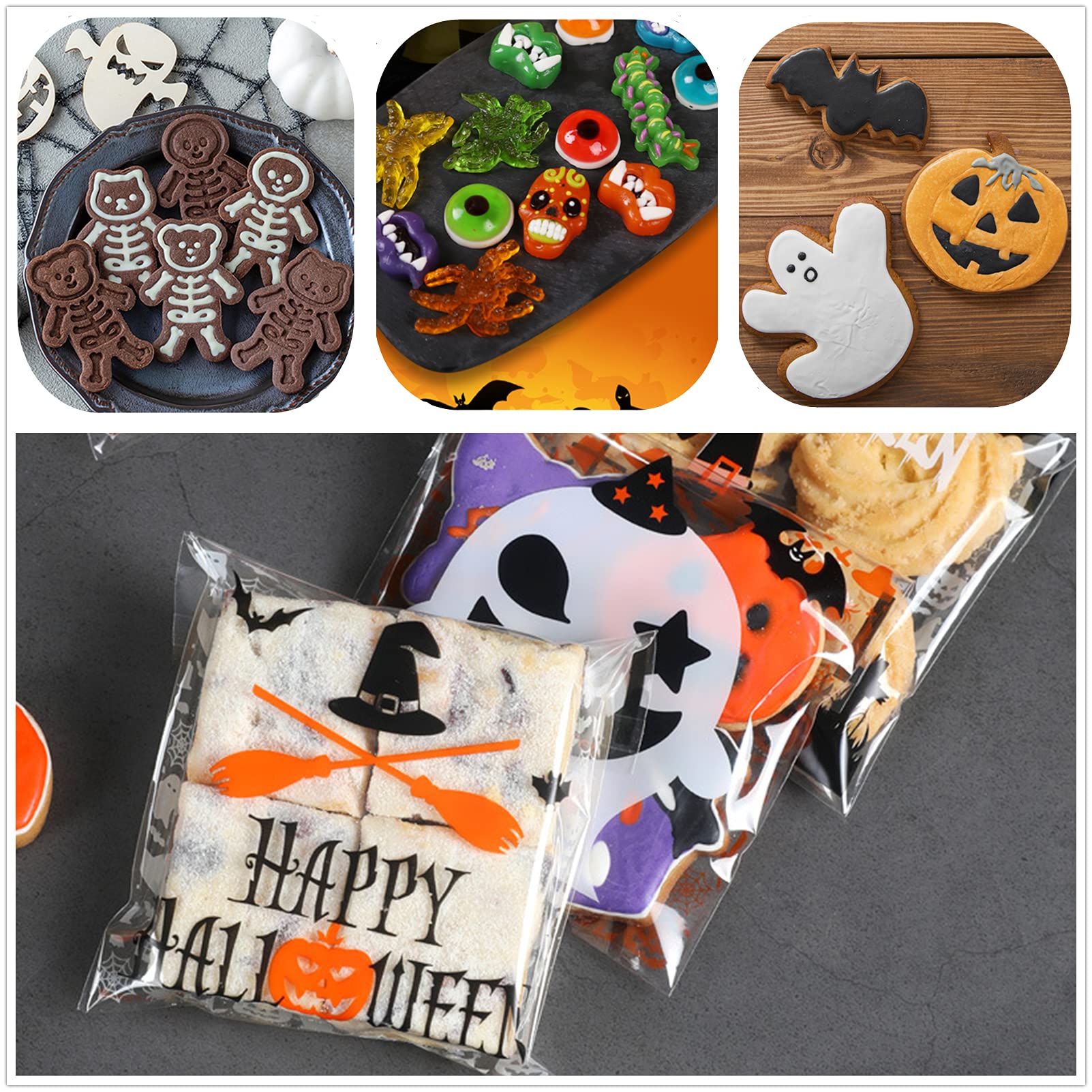 400 Pcs Halloween Candy Bags - Self Adhesive Trick or Treat Cookie Bags for Party Favors, Halloween Party Supplies, 12 oz Cellophane Goodie Bags (8 Styles) - Perfect for Halloween Parties, School Events & Trick-or-Treating
