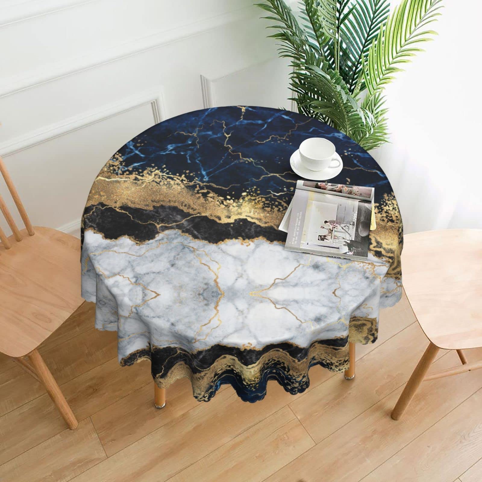 Elegant 60 Inch Round Marble Black Tablecloth - Oil Proof, Spill Proof & Easy Clean with Lace Trim - Perfect for Dining Tables, Weddings, Parties & Home Decor