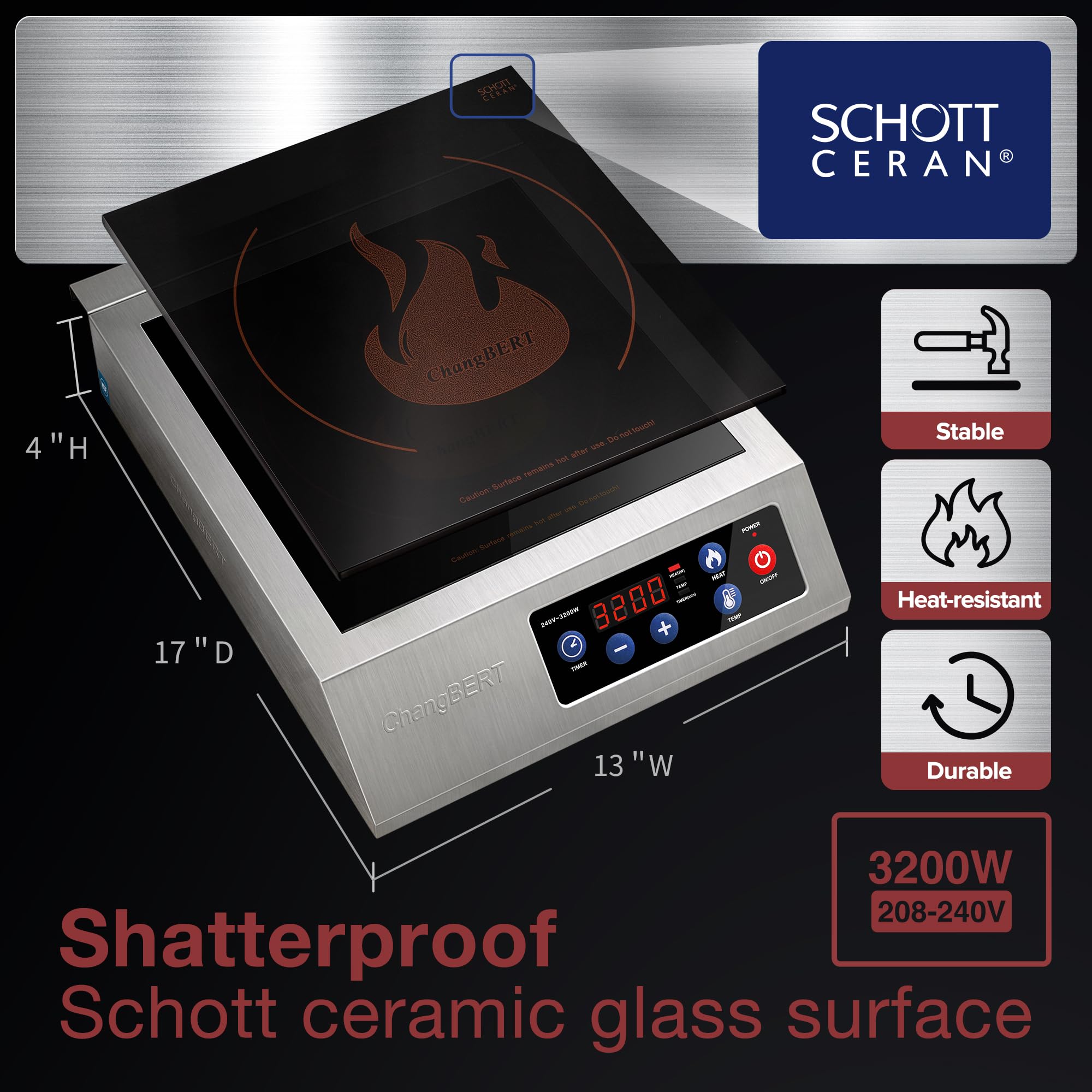3200W Portable Induction Cooktop - NSF Certified Commercial Range with 18/10 Stainless Steel Housing & Glass Top - Perfect for Home Kitchens, Restaurants, and Outdoor Cooking