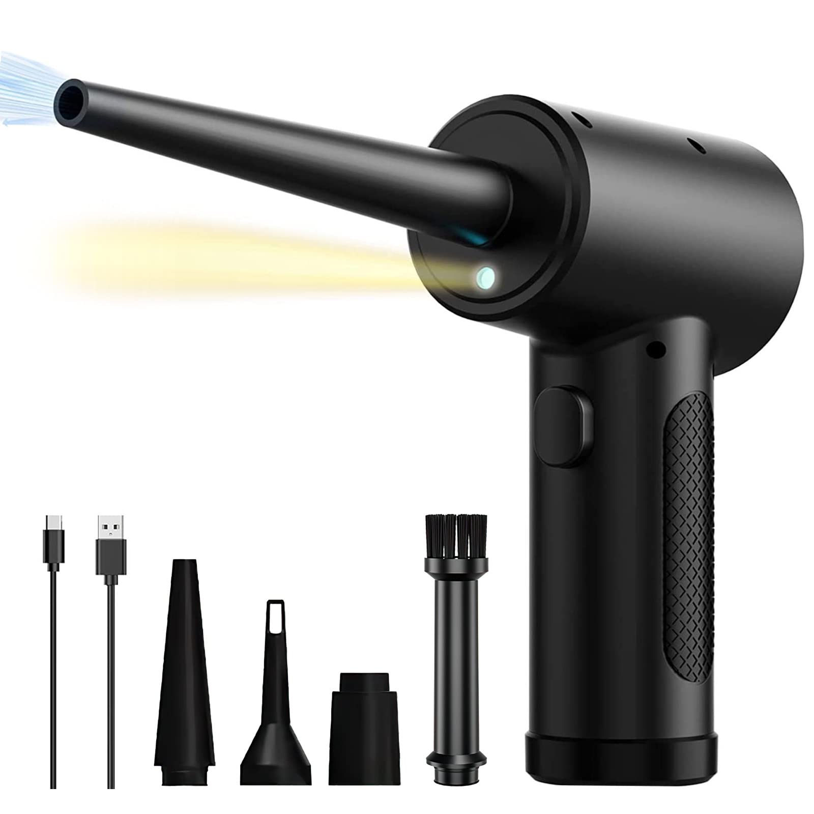 PEH Cordless Compressed Air Duster with LED Light - 51000 RPM Powerful Electric Air Blower, 6000mAh Rechargeable Battery, 5 Replacement Nozzles - Perfect for Cleaning Computers, Keyboards, Pet Hair, Car Interiors & Electronics Maintenance