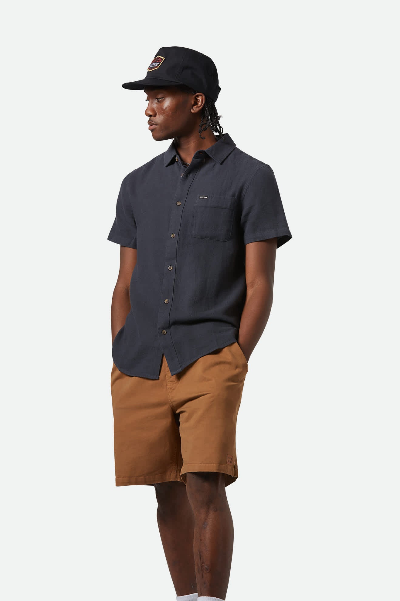Organic Cotton Linen Blend Short Sleeve Shirt for Men - Washed Black | Breathable Summer Casual Wear for Outdoor Activities & Travel