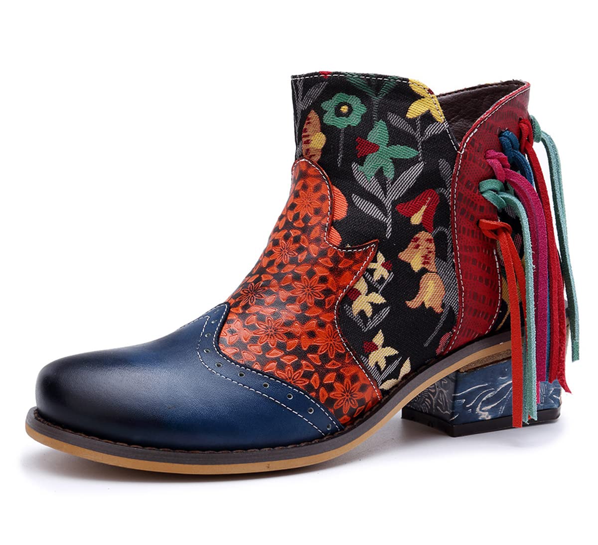XLH Women's Ankle Boots with Tassel Detail - Retro Thick Heel Ethnic Bohemian Vintage Boots for Casual Wear - Size 39 in Blue | Perfect for Fall Fashion, Boho Outfits & Festival Style
