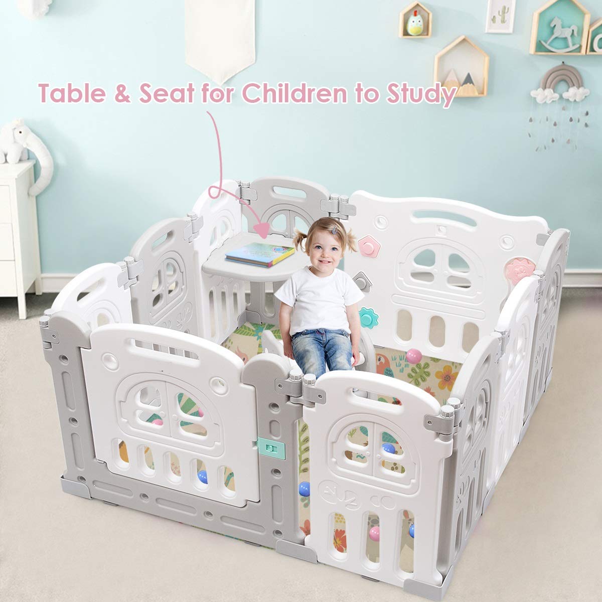 Costzon 10-Panel Foldable Baby Playpen - Indoor/Outdoor Portable Play Yard with Table Panels, Seat Stool, Lockable Gate & Educational Toys - Adjustable Shape Safety Fence for Toddlers & Kids - Perfect for Playtime, Learning and Childproofing Home Spaces