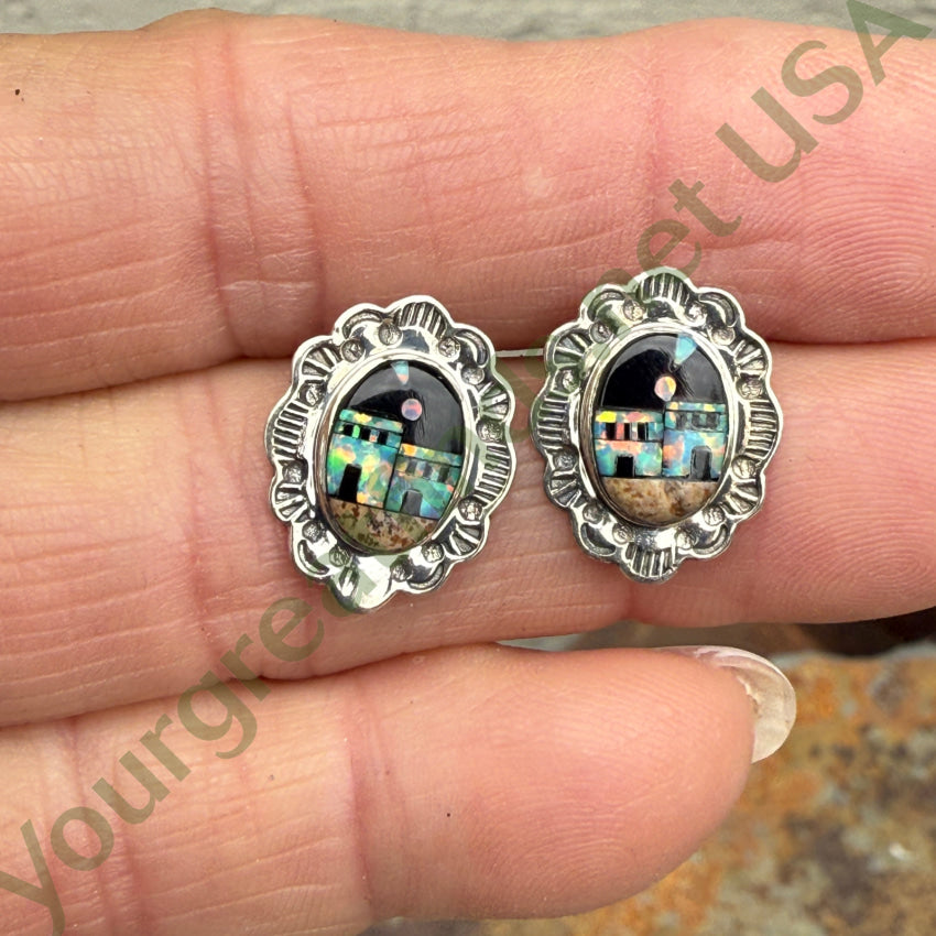 Sterling Silver Opal Jasper & Jet Inlay Pueblo Landscape Pierced Earrings for Women | Handmade Native American Jewelry | Perfect for Boho, Festival & Everyday Wear