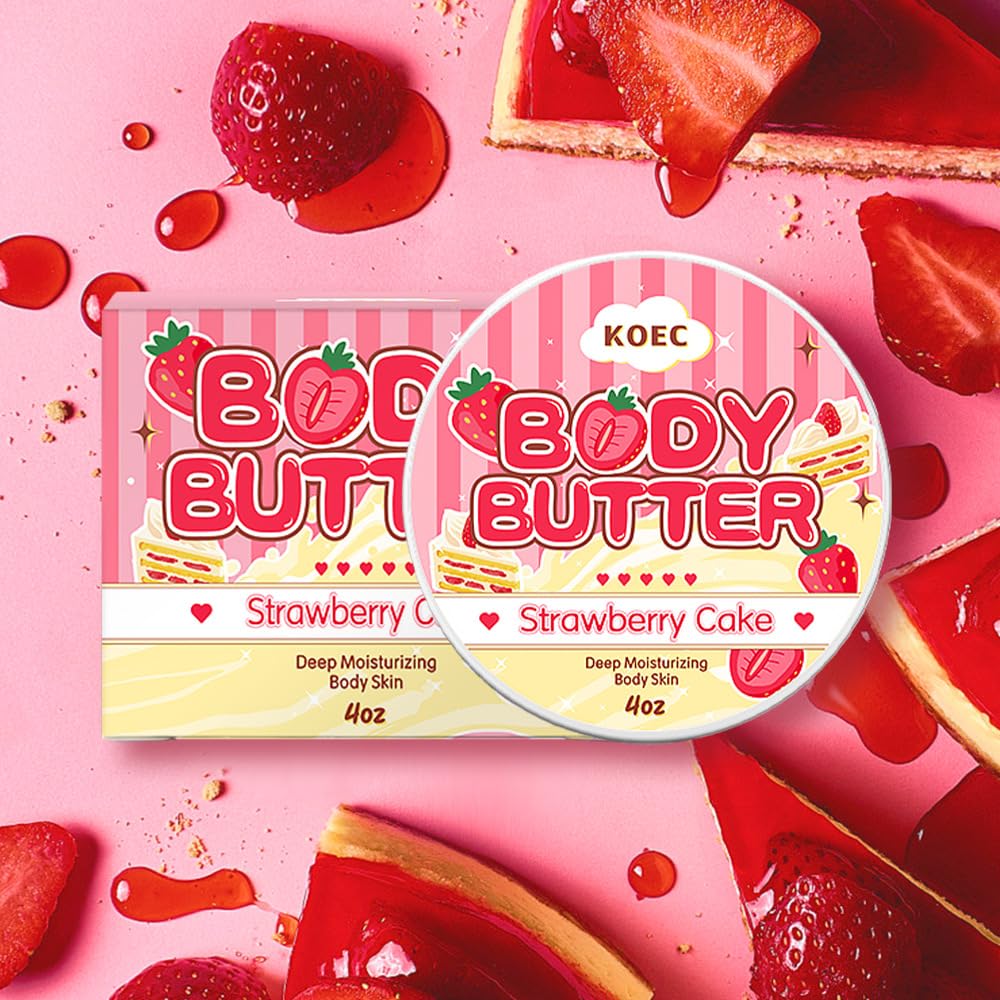 KOEC Strawberry Cake Scented Body Butter & Body Oil Set - 2 oz Nourishing Oil & 4 oz Hydrating Cream for Dry Skin | Perfect for Gift, Spa Day & Self-Care Routine