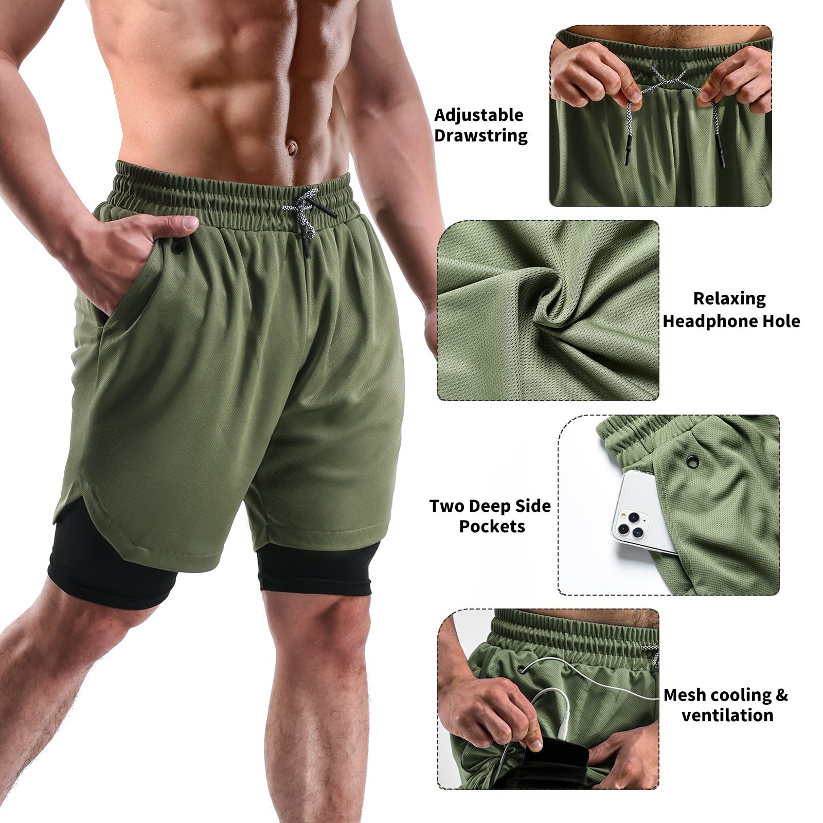 2-in-1 Men's Athletic Shorts 7 Inch - 2 Pack Gym Running Workout Shorts with Pockets & Towel Loop - Breathable Quick-Dry Casual Sports Shorts for Training, Jogging, Basketball & Outdoor Activities