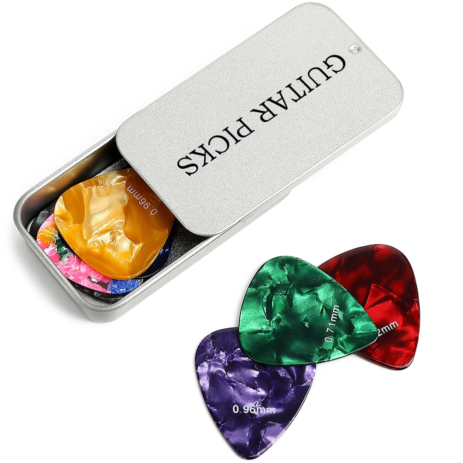 Premium Celluloid Guitar Picks 15-Pack with Metal Storage Box - Thin, Medium, Heavy & Extra Heavy Plectrums for Acoustic, Electric Guitar & Ukulele (Silver) - Perfect for Beginners, Professionals & Travel Musicians