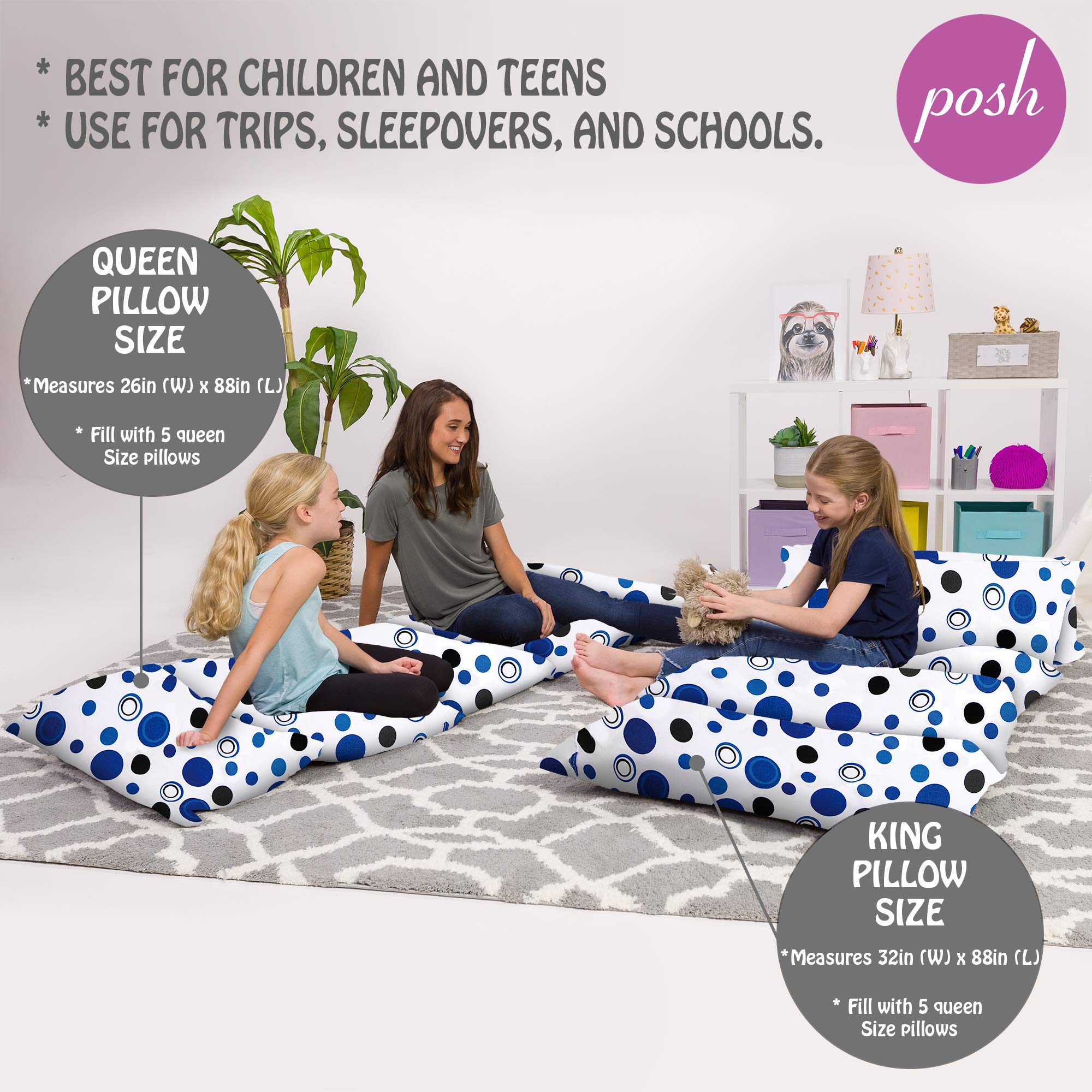 Premium Kids Floor Pillow Cover - Soft Canvas Cushion & Lounger Cover for Teens (King Size Not Included) - Bubbles Blue & White Design - Perfect for Bedrooms, Playrooms & Sleepovers