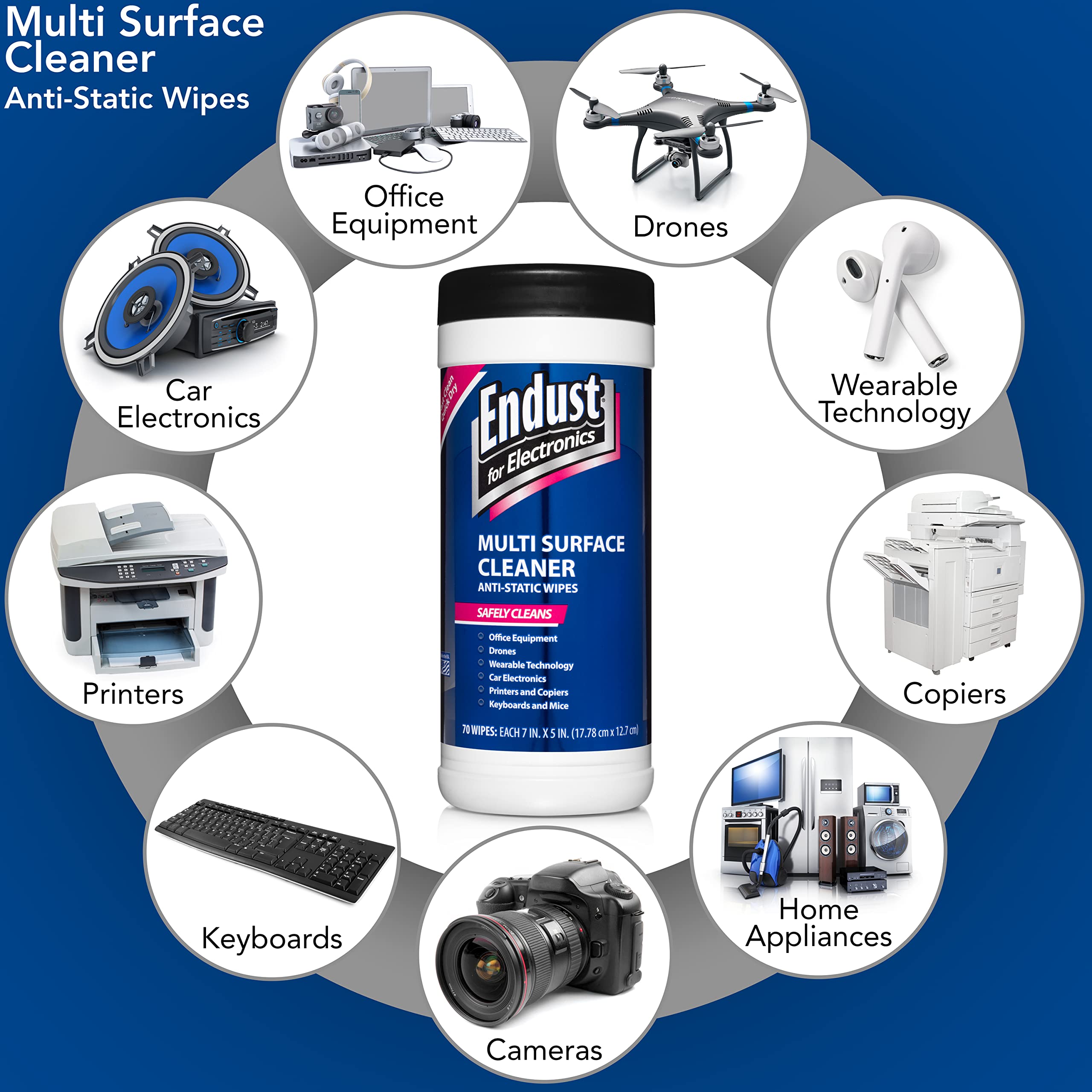Endust For Electronics - Multi-Surface Anti-Static Cleaning Wipes, Alcohol & Ammonia Free, 12 Pack (70 Wipes Each) - Safe for Computers, TVs, Phones & Electronic Devices