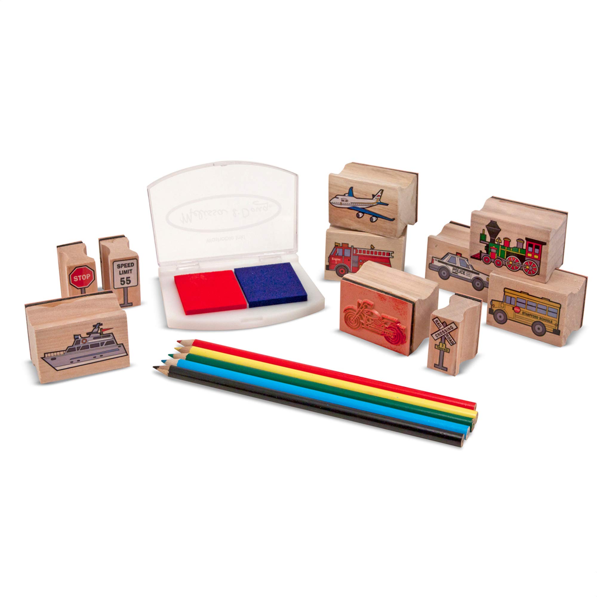 Melissa & Doug Wooden Stamp Set - 10 Vehicle Stamps, 5 Colored Pencils & 2-Color Ink Pad | Kids Art Supplies for Creative Play, DIY Crafts & Educational Activities