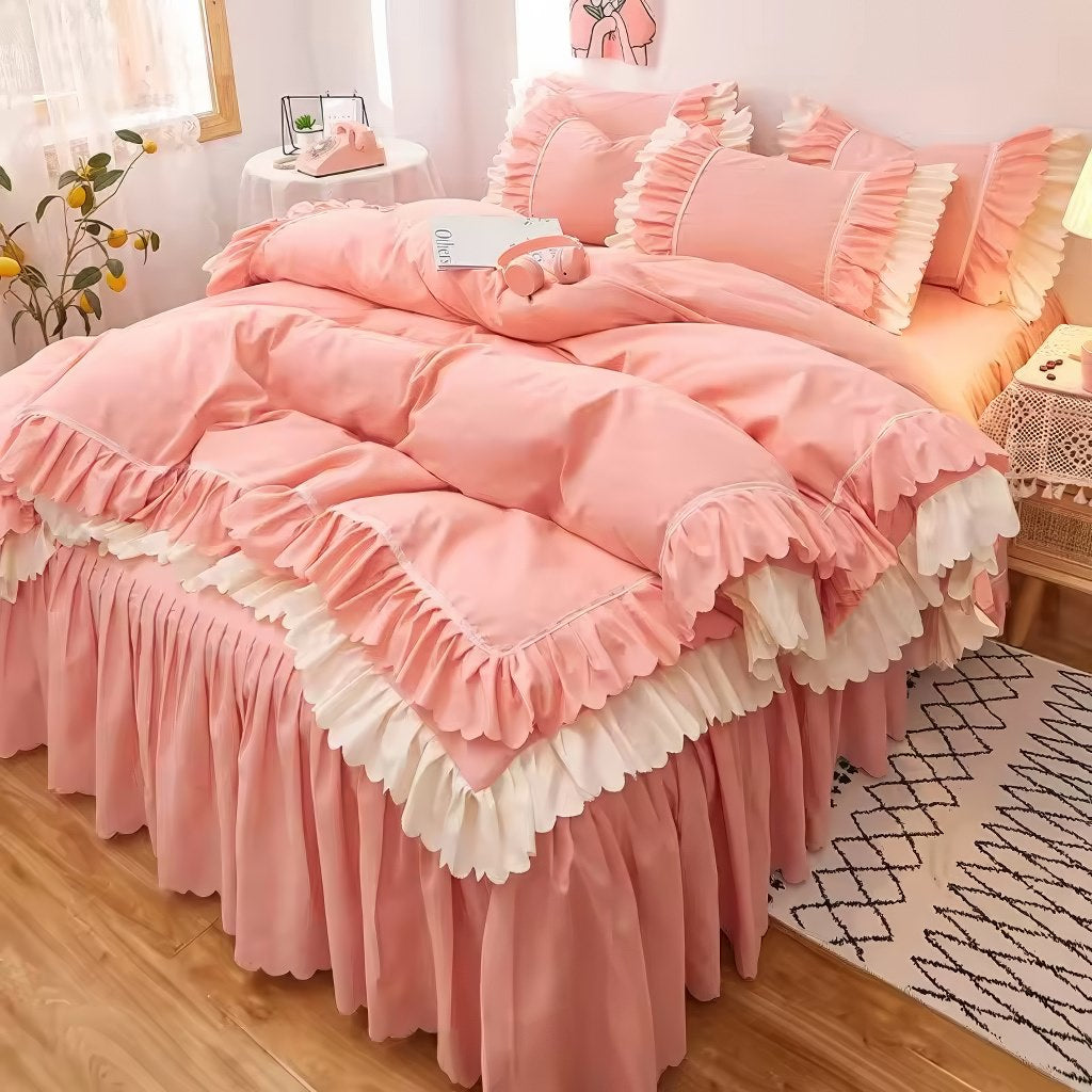 Lush Ruffled Coquette Aesthetic Bedding Set - Queen Size 4-Piece Soft Pink Floral Duvet Cover with Pillowcases - Romantic Shabby Chic Bedroom Decor for Girls & Women