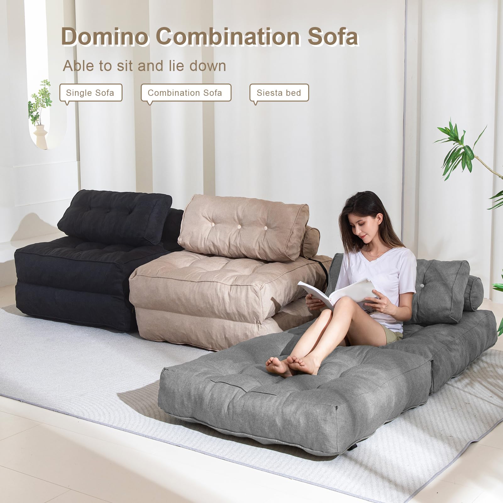 MAXYOYO Folding Couch Sofa Bed - Convertible Sleeper Chair with Back Support & Pillow, Space Saving Grey Futon for Small Apartments, Guest Rooms & Dorm Living