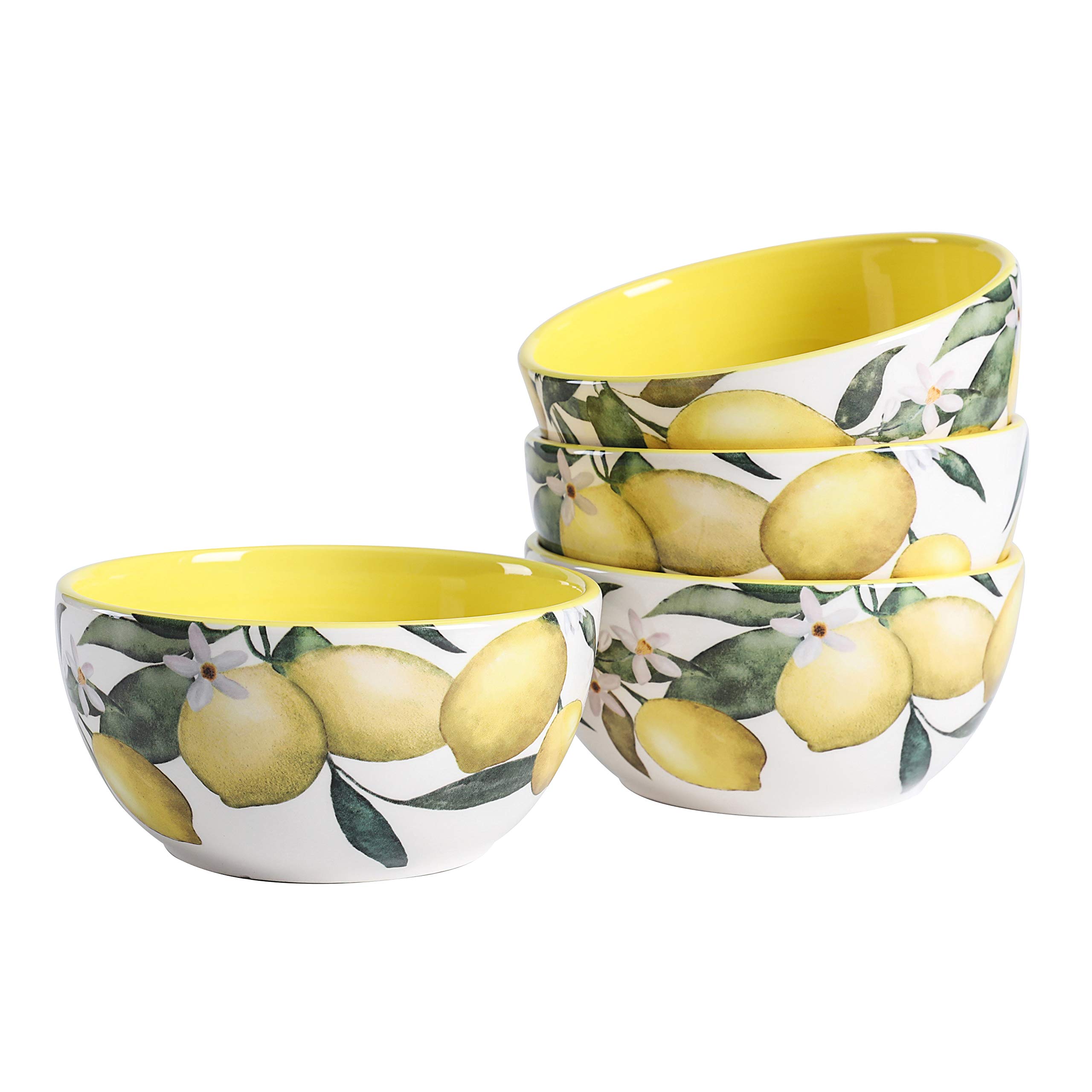 Bico Lemon Dreams Ceramic Bowls Set of 4 - 26oz Pasta, Salad, Cereal & Soup Bowls - Microwave & Dishwasher Safe - Perfect for Dining, Entertaining & Everyday Use