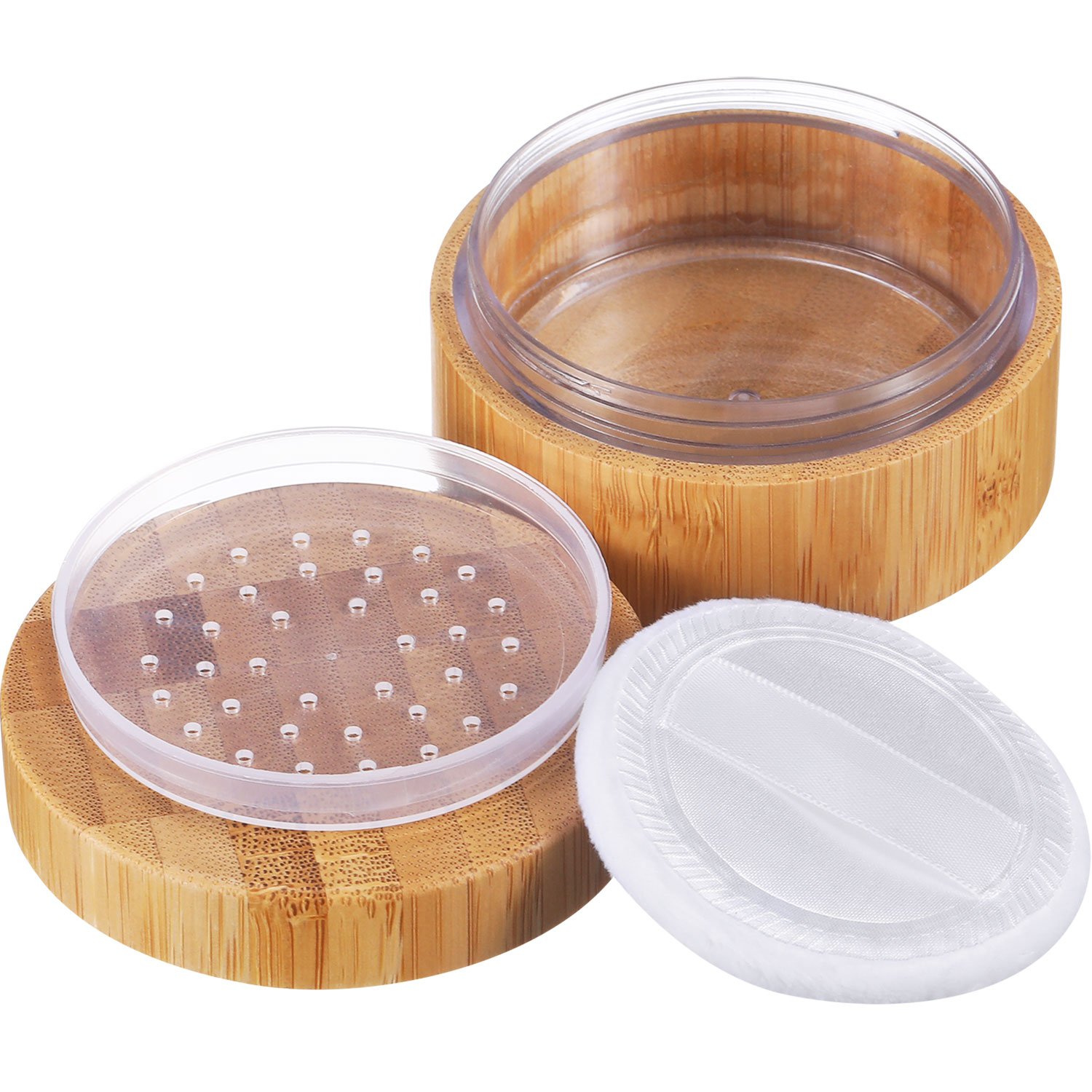 Frienda 30ml Empty Bamboo Loose Powder Container with Sifter Lid & Puff - Refillable Makeup Powder Case for Mineral Foundation, Setting Powder & Blush | Travel-Friendly Cosmetic Storage
