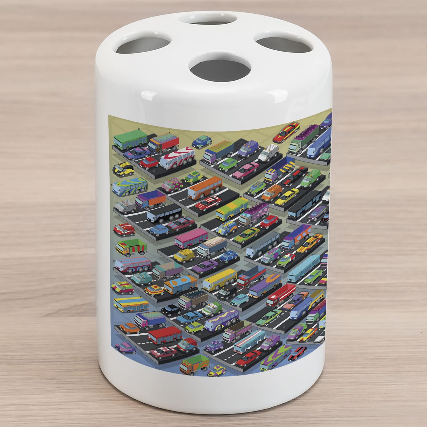 Ambesonne Cars Ceramic Toothbrush Holder - Colorful Vehicle Design for Bathroom Countertop, 4.5