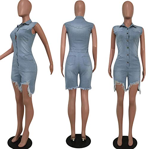 HotHeart Women's Sleeveless Denim Jumpsuit Romper with Lapel & Button Pockets | Sexy Bodycon Shortsuit for Nightclub, Party & Date Night | Fashionable Casual Outfit for Summer