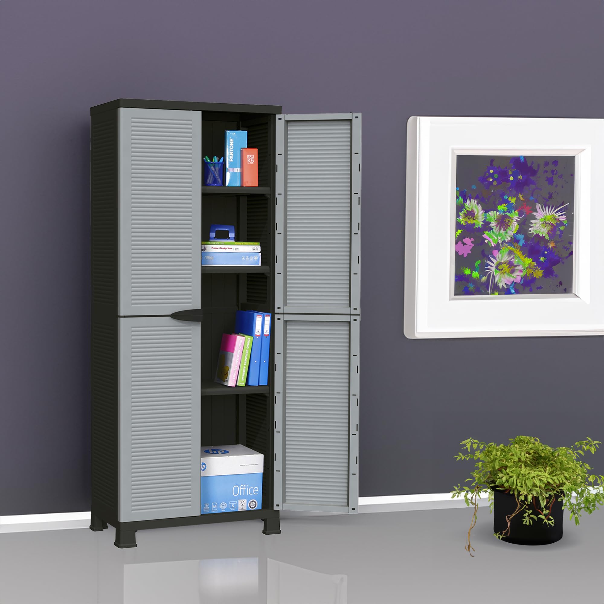 Ram Quality Products 3-Shelf Adjustable Tool Storage Cabinet with Lockable Doors - Heavy Duty Metal Utility Organizer for Garage, Workshop, Home & Outdoor Use - Gray