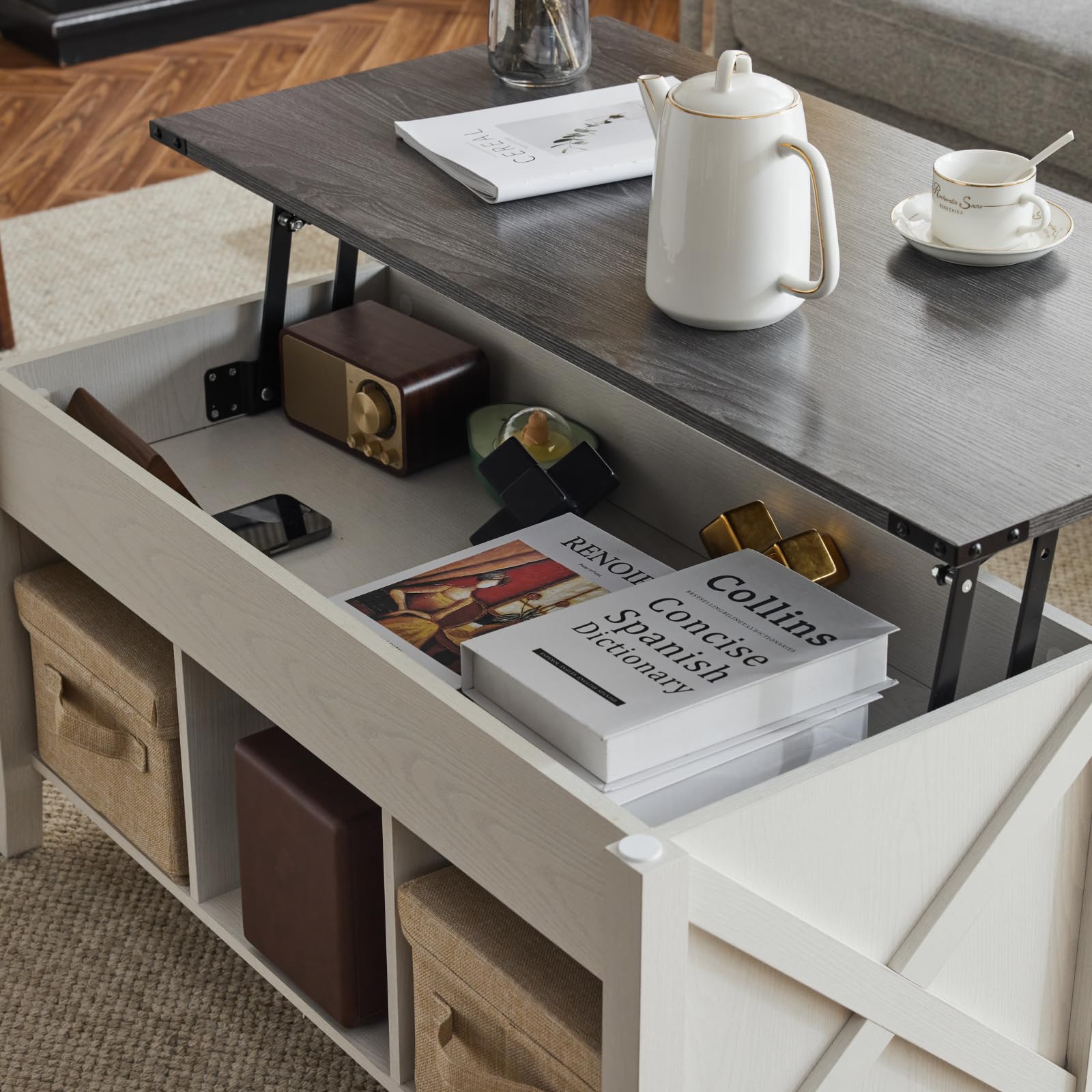 VINGLI Lift Top Coffee Table with Storage Shelf - Farmhouse Cross-Sided Design, Charcoal Top & White Frame, Hidden Compartment, Gas Lift Mechanism - Perfect for Living Room, Office, or Small Space Organization