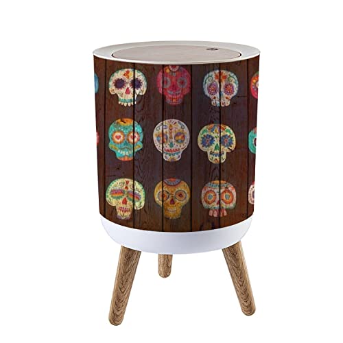 Cartoon Mexican Calavera Sugar Skulls Small Trash Can with Lid - 7L/1.8 Gallon Press-Top Wastebasket for Kitchen, Bathroom, Bedroom & Office - Dia de los Muertos Decor, Dog-Proof & Odor-Control - Perfect for Day of the Dead Celebrations & Home Organization