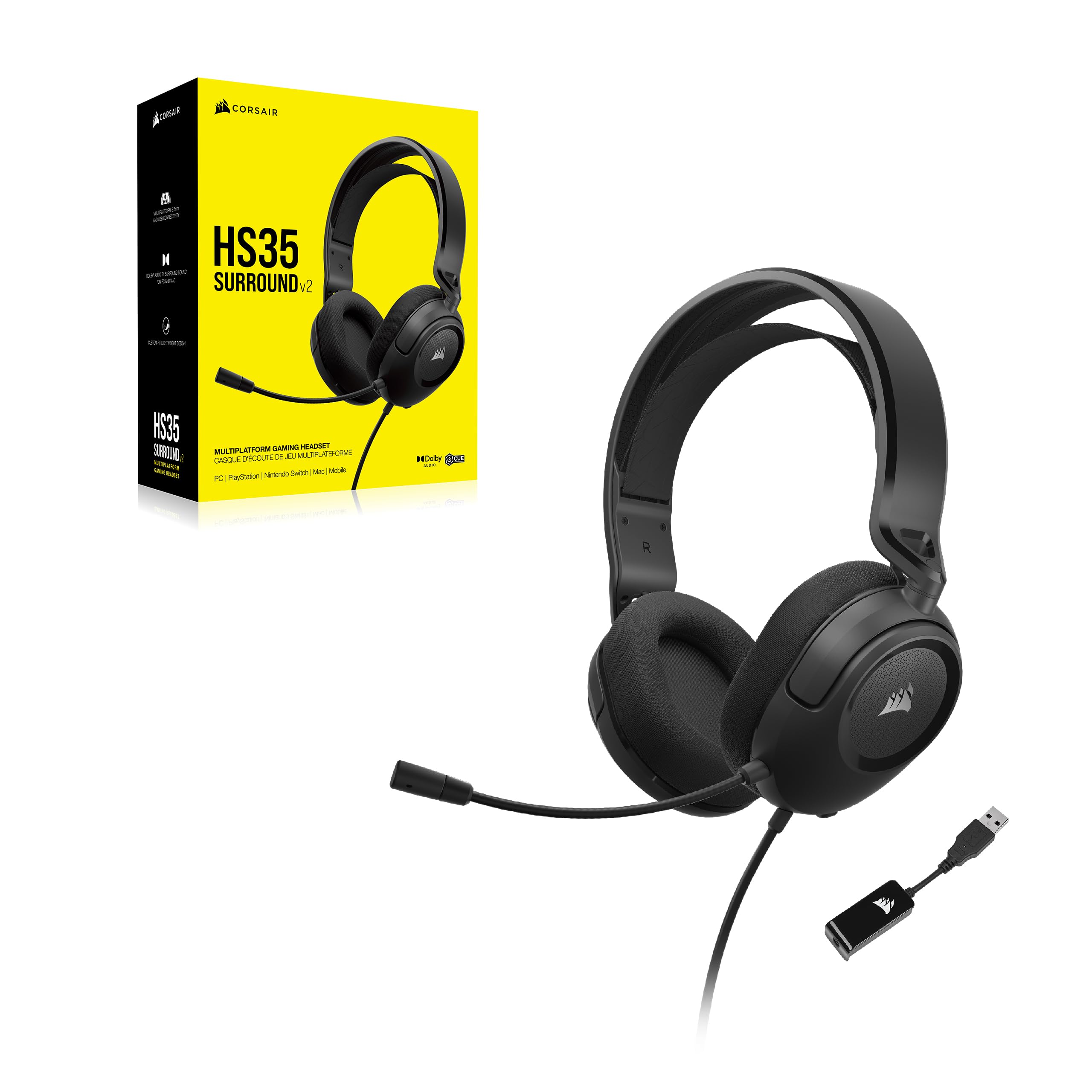 Corsair HS35 Surround v2 Wired Gaming Headset with Dolby 7.1 & Omni-Directional Mic - Universal 3.5mm for PC, Mac, PS5, PS4, Xbox, Switch, Mobile - Carbon Black - Perfect for Competitive Gaming & Streaming