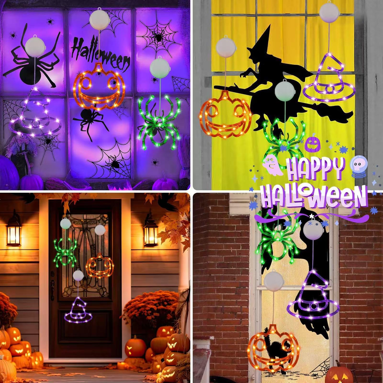 3 Pack Halloween Decorations - Orange Pumpkin, Purple Witch Hat & Green Spider LED Lights with Suction Cups | Battery Operated, Timer & 2 Lighting Modes | Perfect for Window, Door & Indoor Halloween Party Decorations