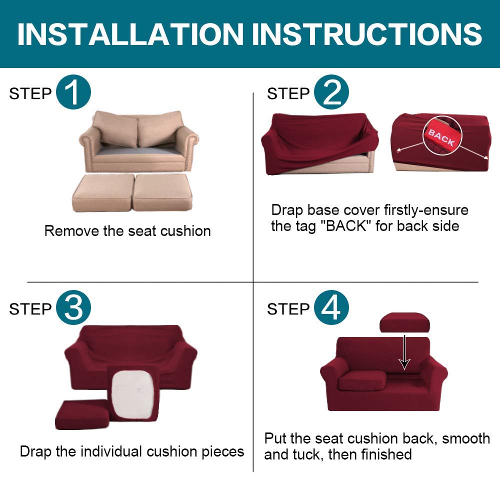 Turquoise and Burgundy Stretchable Sofa Cover Set - 3 Seater Couch Cover + 2 Seater Loveseat Slipcover | Soft Spandex Jacquard Fabric | Perfect for Living Room, Bedroom, and Home Decor Protection