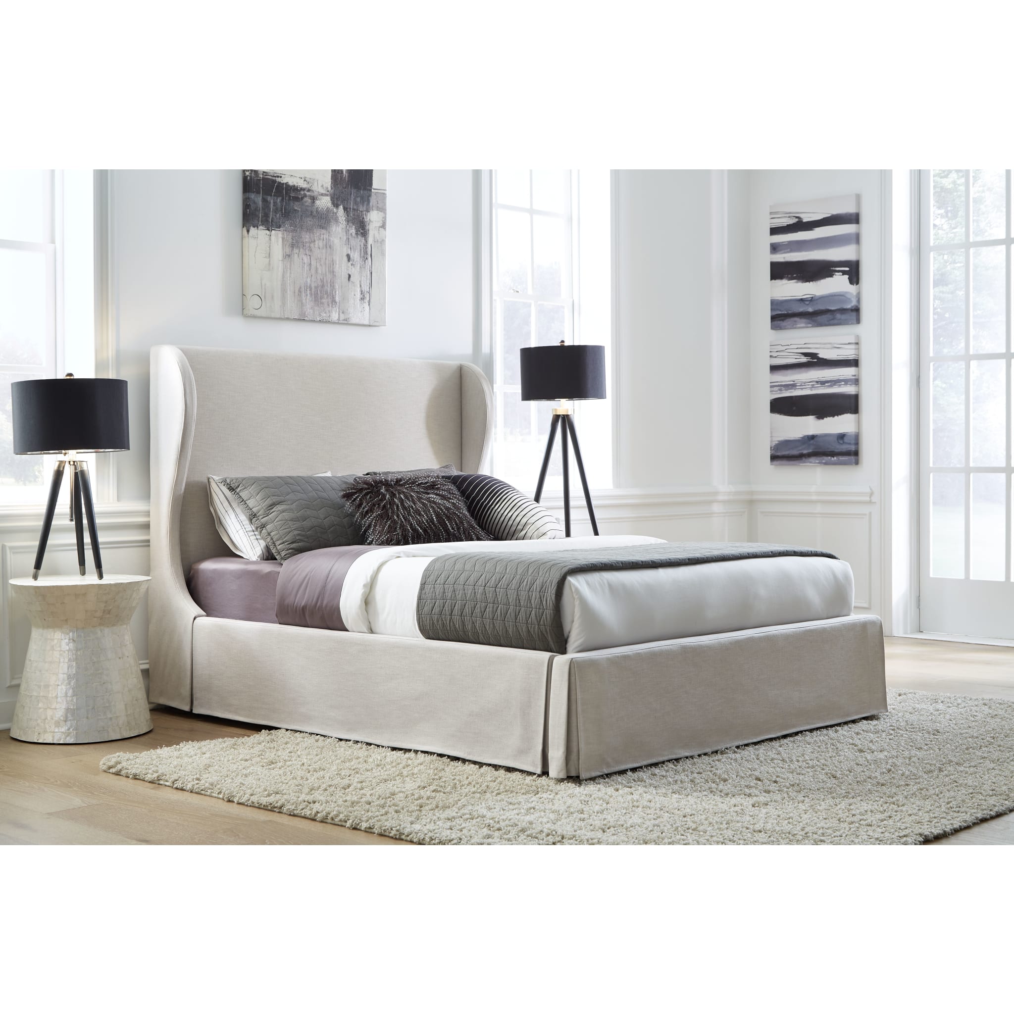 Hera Skirted Footboard Storage Panel Bed in Oatmeal - Queen Size Upholstered Platform Bed with Underbed Storage - Perfect for Small Bedrooms & Guest Rooms