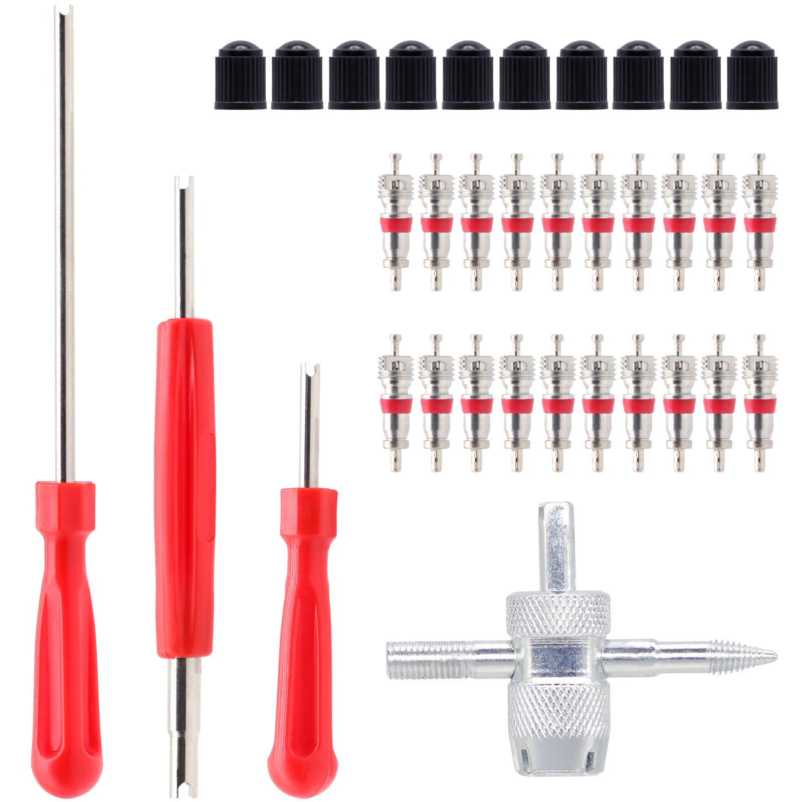 ZHSMS Valve Stem Removal Tool Kit - 20Pcs Valve Cores, 10Pcs Tire Valve Caps, 4-Way Valve Tool & Core Remover for Car, Bike, Motorcycle Tires - Perfect for Tire Repair, Maintenance and Inflation