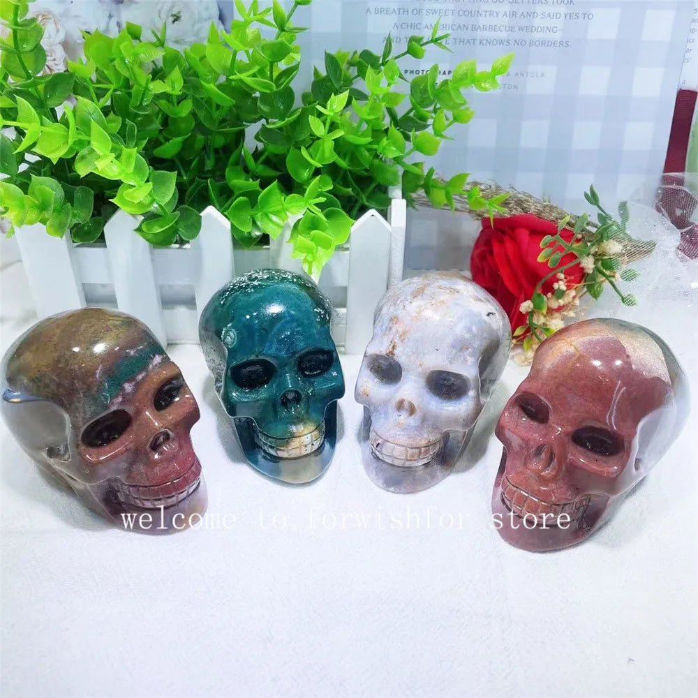 Natural Gem Marine Agate Carved Skull Statue - Handcrafted Home & Office Decor, Unique Halloween Gift & Spiritual Collection - Perfect for Meditation Spaces, Gothic Decor & Witchy Altars