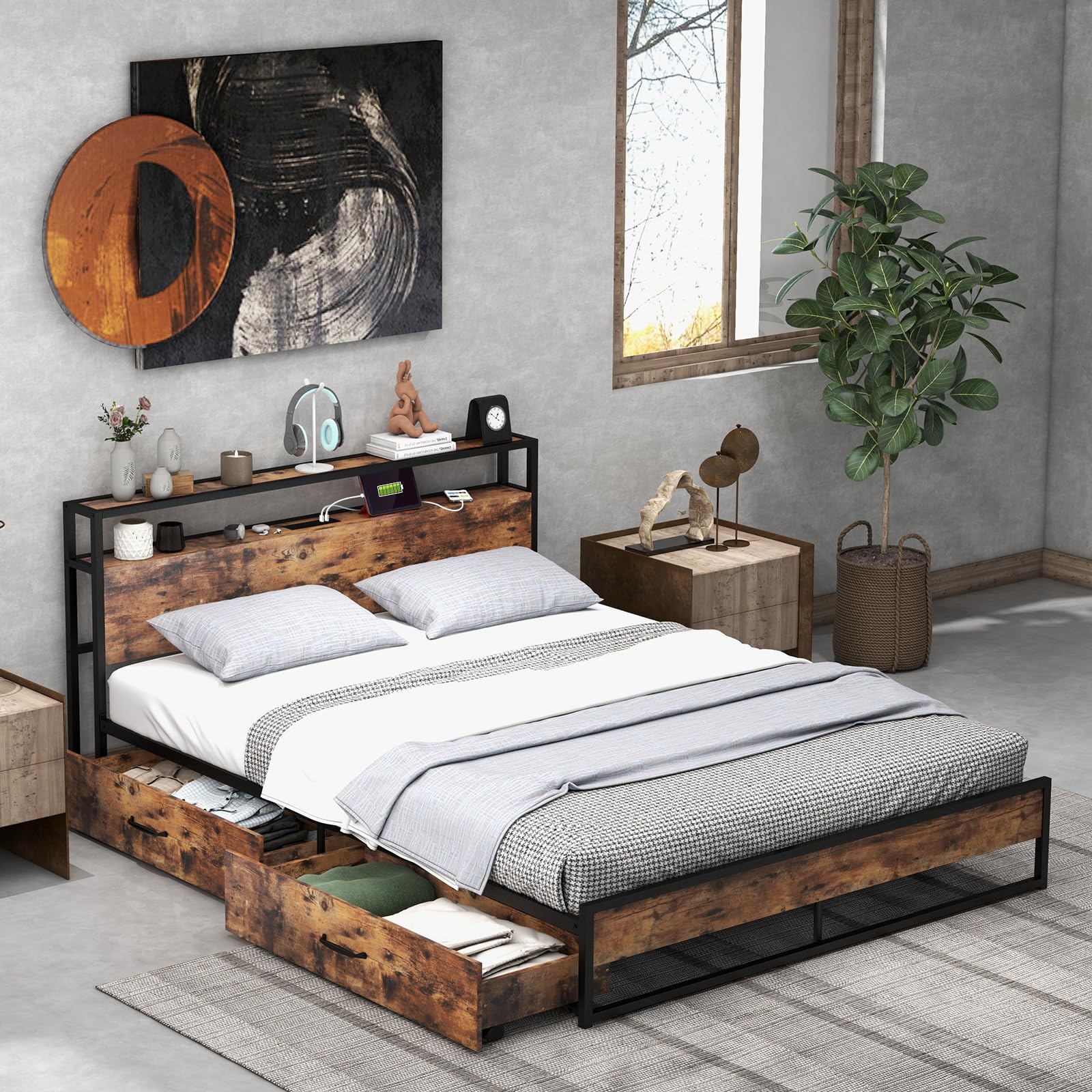 Giantex Queen Bed Frame with 2 Storage Drawers & USB Charging Station, Industrial Metal Platform Bed with 2-Tier Headboard Storage, Rustic Mattress Foundation with Reinforced Slats (No Box Spring Needed) - Perfect for Small Bedrooms, Studio Apartments & Modern Farmhouse Decor