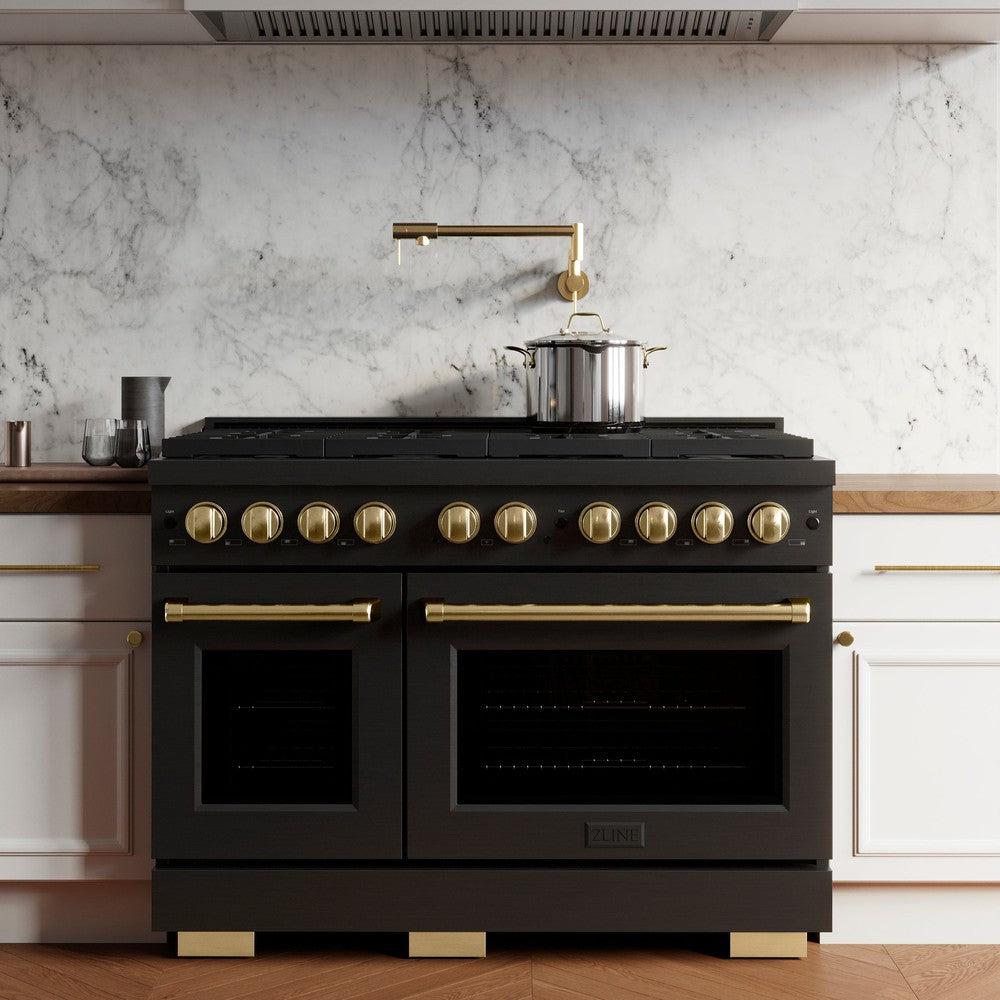 ZLINE Autograph Edition 48-inch 6.7 cu. ft. Paramount Double Oven Gas Range with 8 Burner Cooktop in Black Stainless Steel & Polished Gold Accents - Professional Kitchen Appliance for Home Chefs & Entertaining (SGRBZ 48 G)