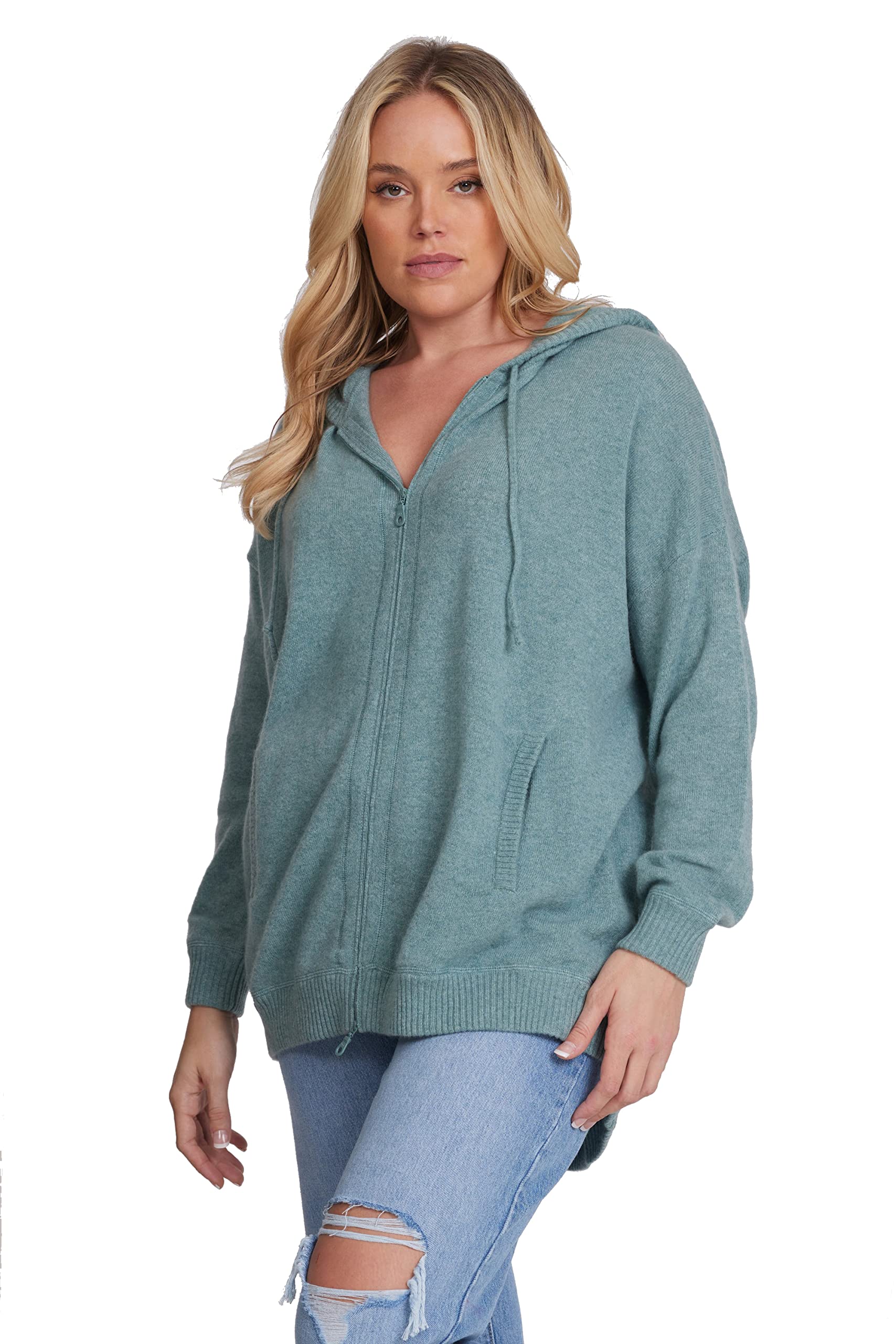 Minnie Rose Women's Oversized Cashmere Zip-Up Hoodie - Soft & Cozy Winter Sweatshirt for Casual Wear & Lounging