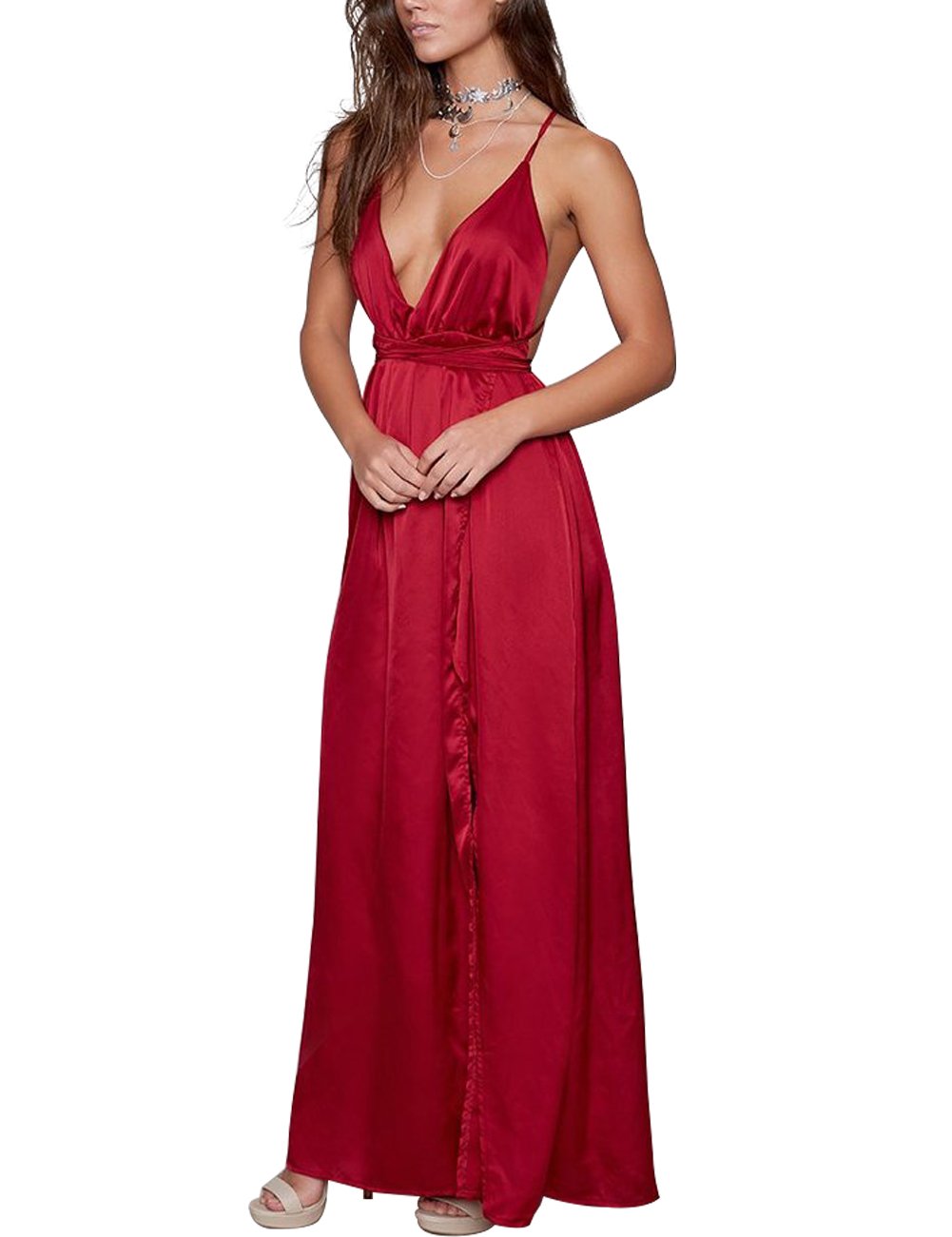 Elegant Women's Satin Formal Dress - Sexy V Neck Backless Long Maxi Gown with High Slit for Cocktail Party, Wedding Guest & Evening Occasions