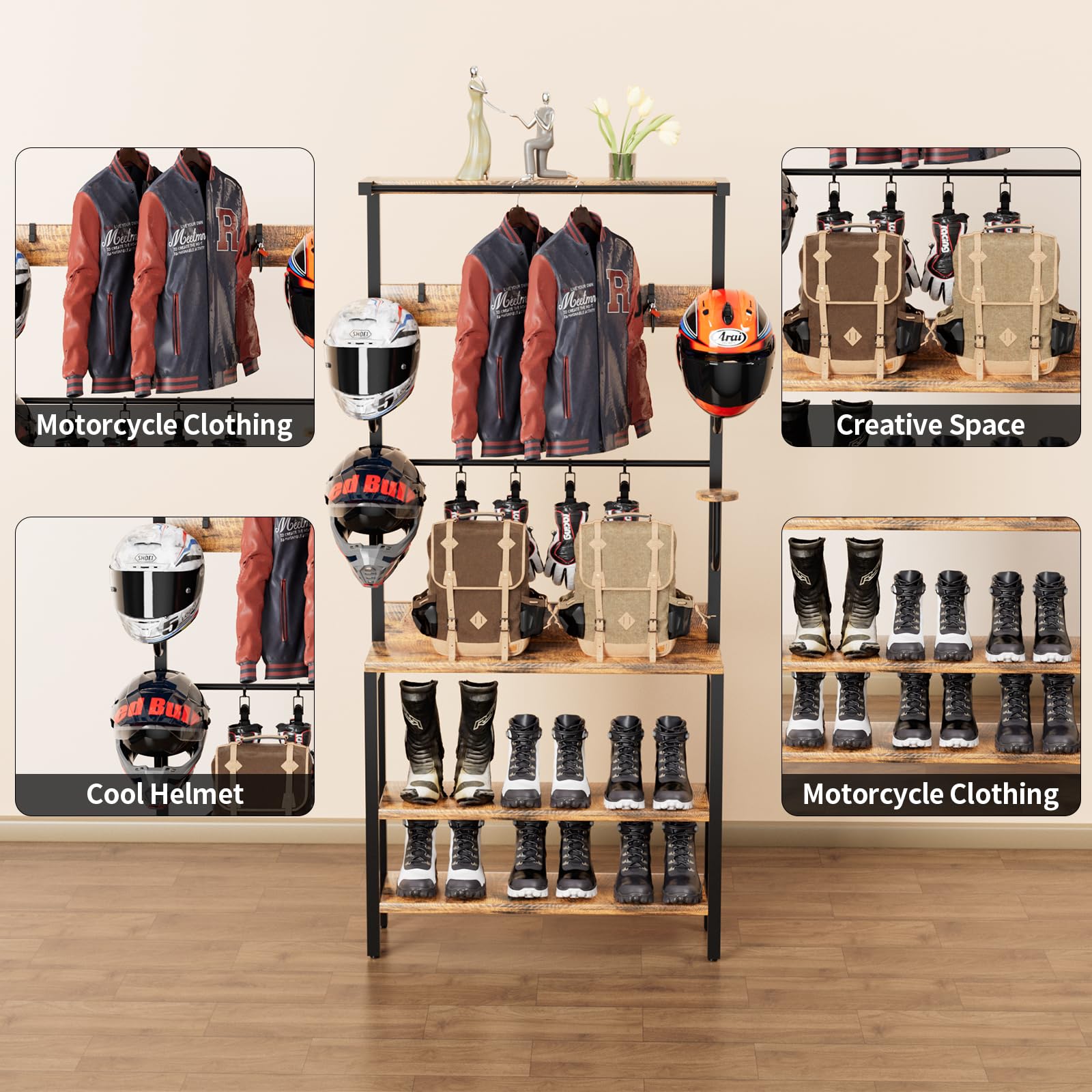 Motorcycle Helmet Holder - Floor & Wall Mounted Stand with Helmet Rack, 4 Glove Chips & 4 Hooks - Rustic Design for Most Helmets - Perfect for Garage, Shed, or Workshop Organization